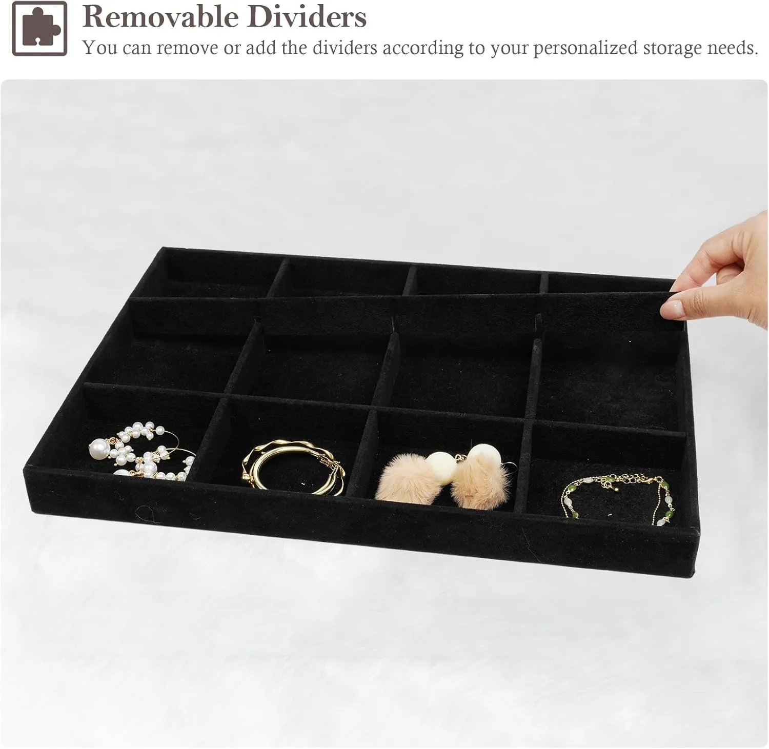 ProCase Stackable Large Jewelry Drawer Organizer, 3 Pack Velvet Jewelry Organizer Tray with Removable Dividers for Earring Necklace Bracelet -Allblack