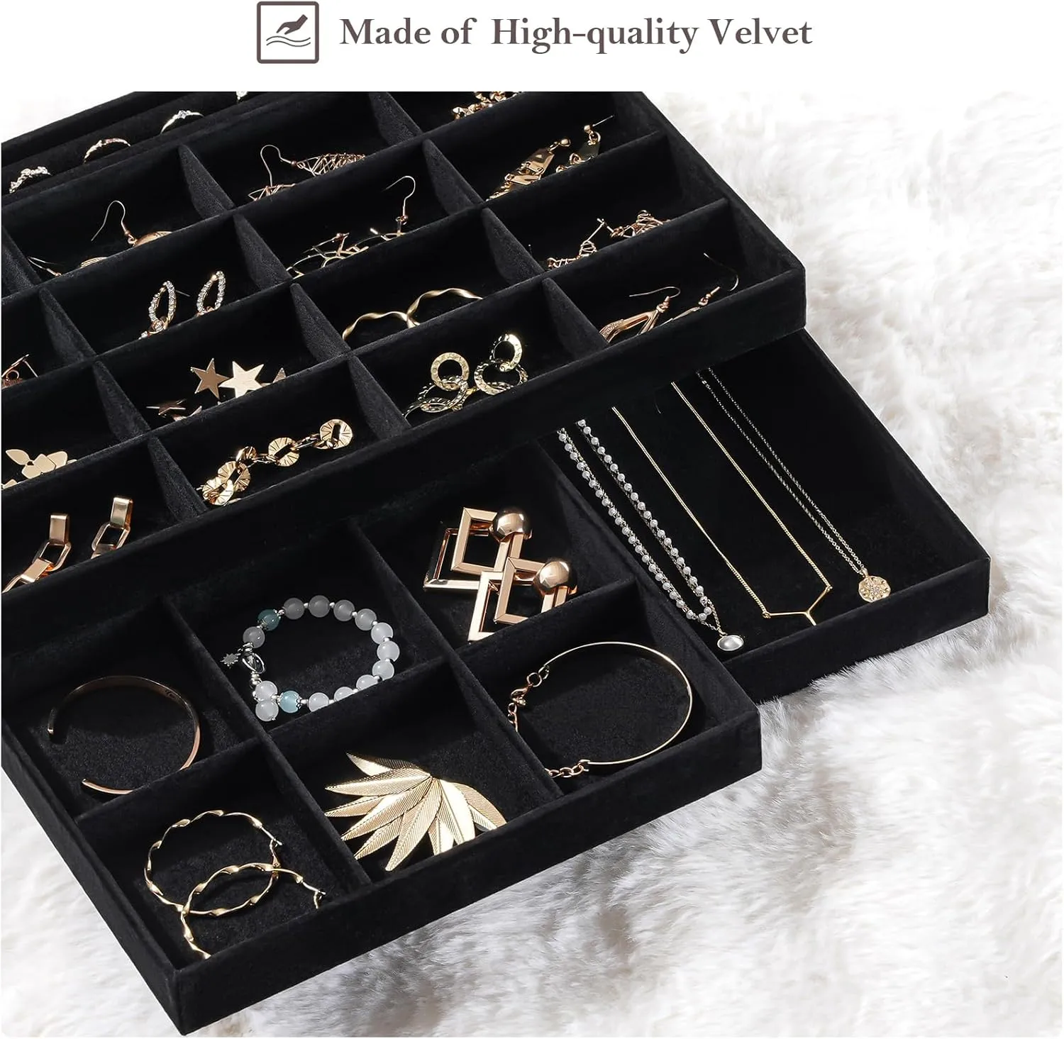 ProCase Stackable Large Jewelry Drawer Organizer, 3 Pack Velvet Jewelry Organizer Tray with Removable Dividers for Earring Necklace Bracelet -Allblack