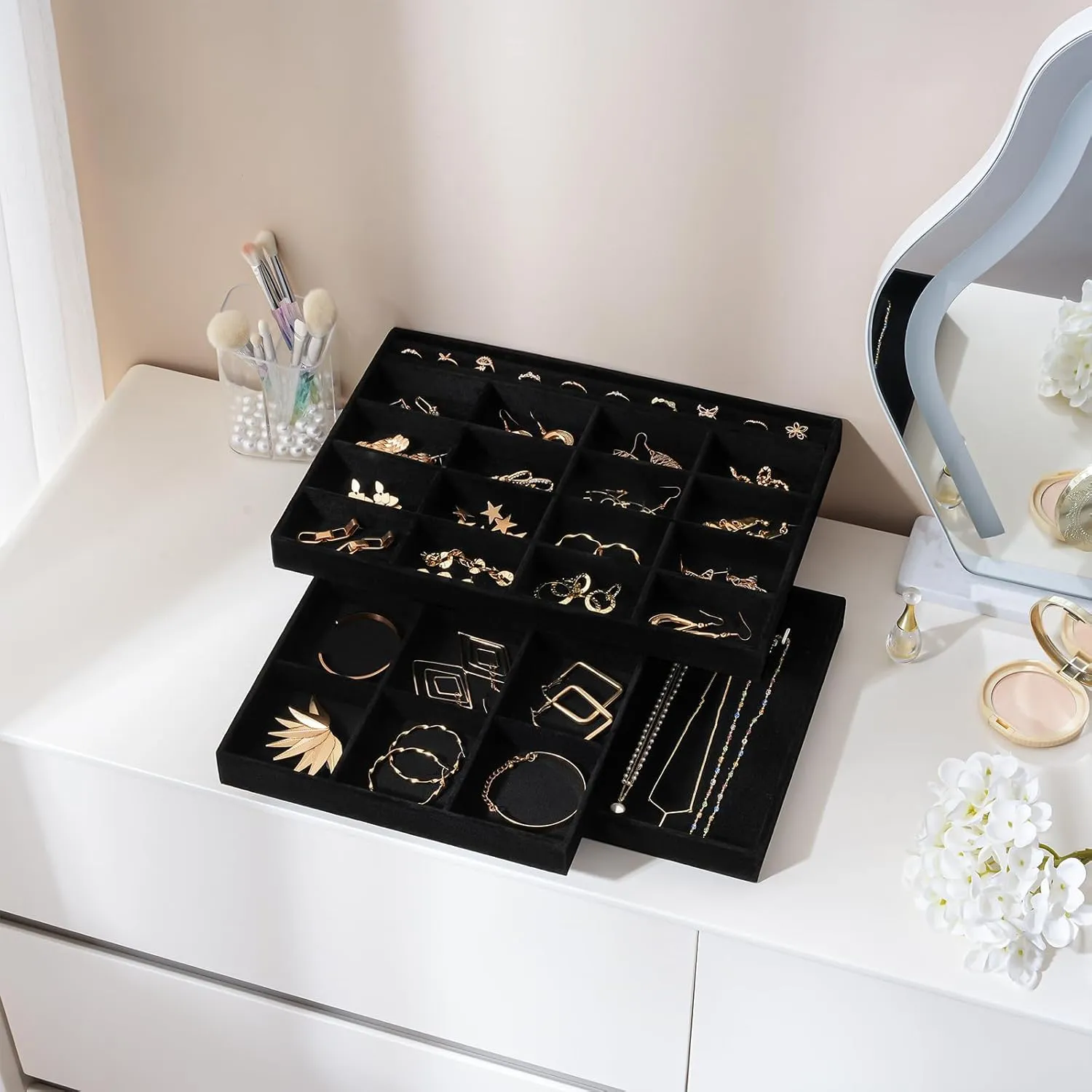 ProCase Stackable Large Jewelry Drawer Organizer, 3 Pack Velvet Jewelry Organizer Tray with Removable Dividers for Earring Necklace Bracelet -Allblack