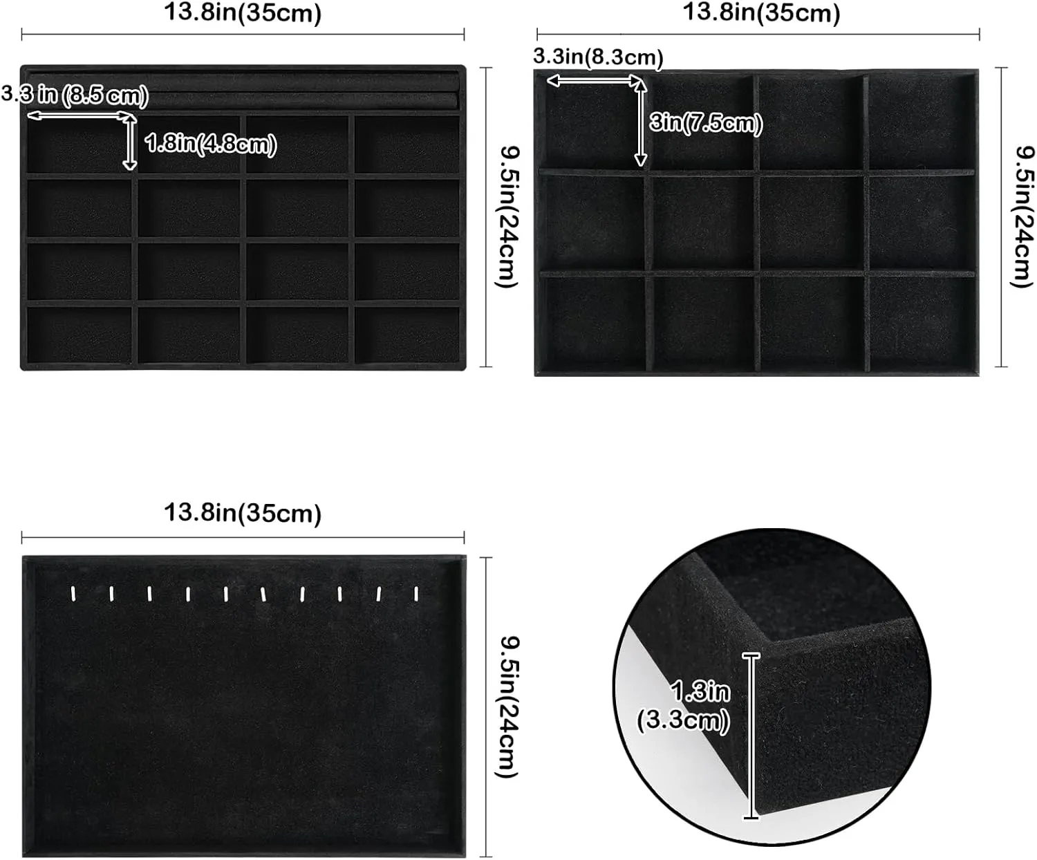 ProCase Stackable Large Jewelry Drawer Organizer, 3 Pack Velvet Jewelry Organizer Tray with Removable Dividers for Earring Necklace Bracelet -Allblack