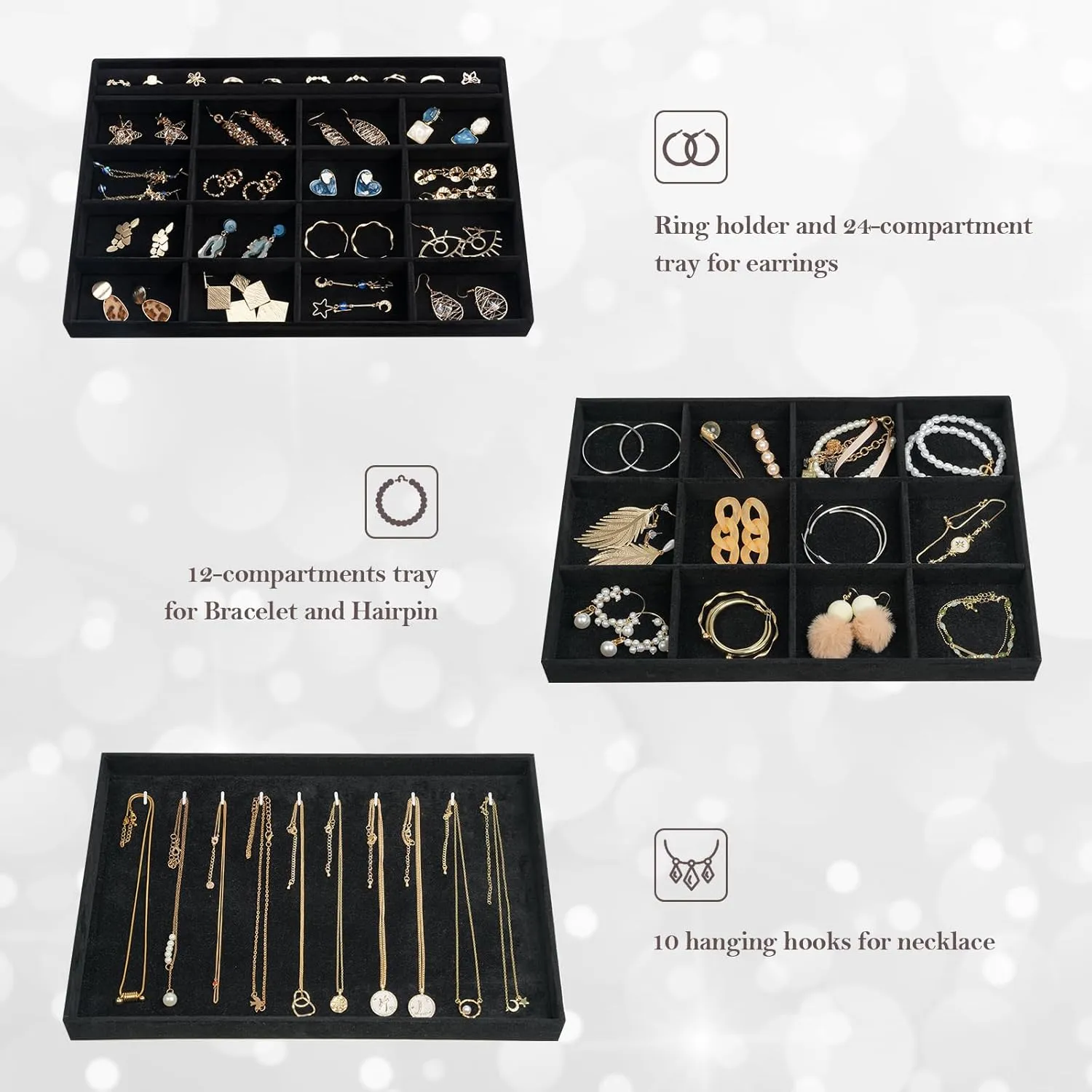 ProCase Stackable Large Jewelry Drawer Organizer, 3 Pack Velvet Jewelry Organizer Tray with Removable Dividers for Earring Necklace Bracelet -Allblack