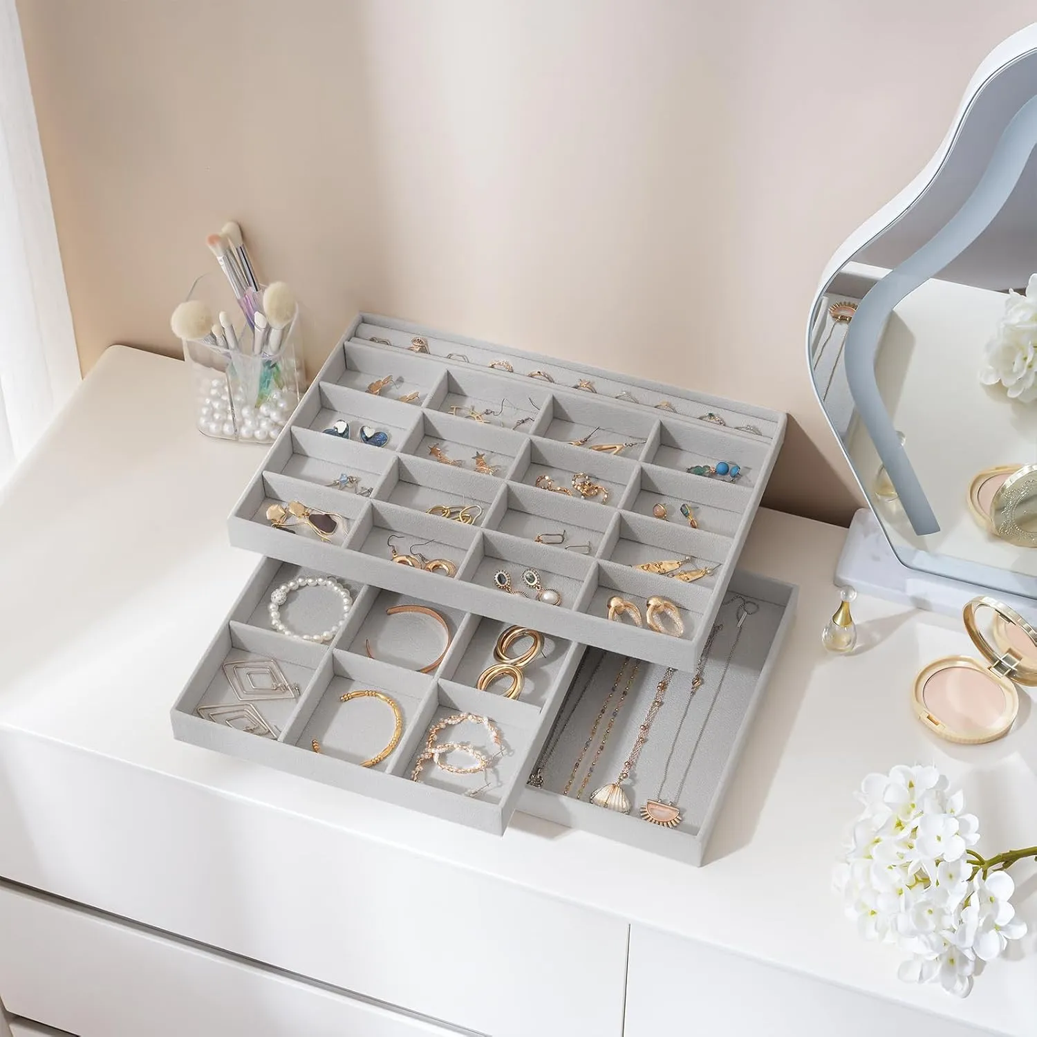 ProCase Stackable Large Jewelry Drawer Organizer, 3 Pack Velvet Jewelry Organizer Tray with Removable Dividers for Earring Necklace Bracelet -Grey