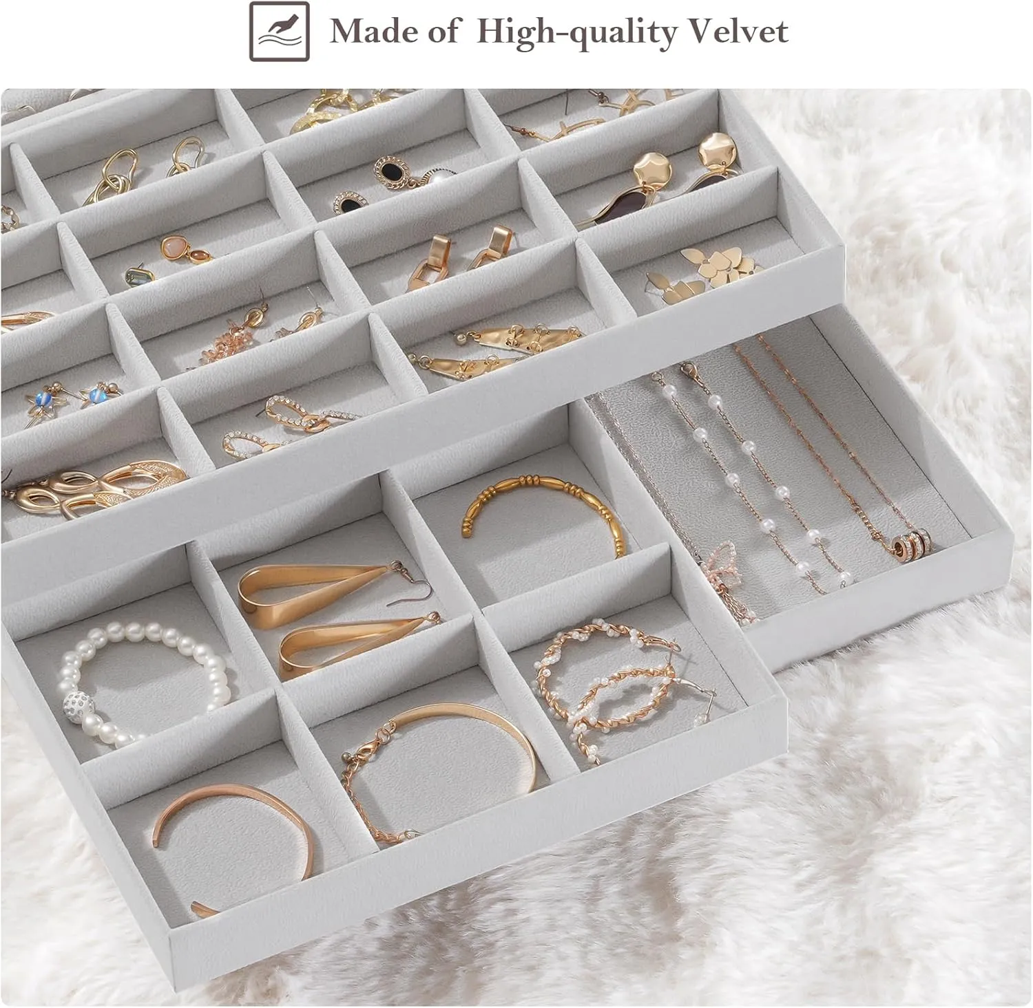 ProCase Stackable Large Jewelry Drawer Organizer, 3 Pack Velvet Jewelry Organizer Tray with Removable Dividers for Earring Necklace Bracelet -Grey