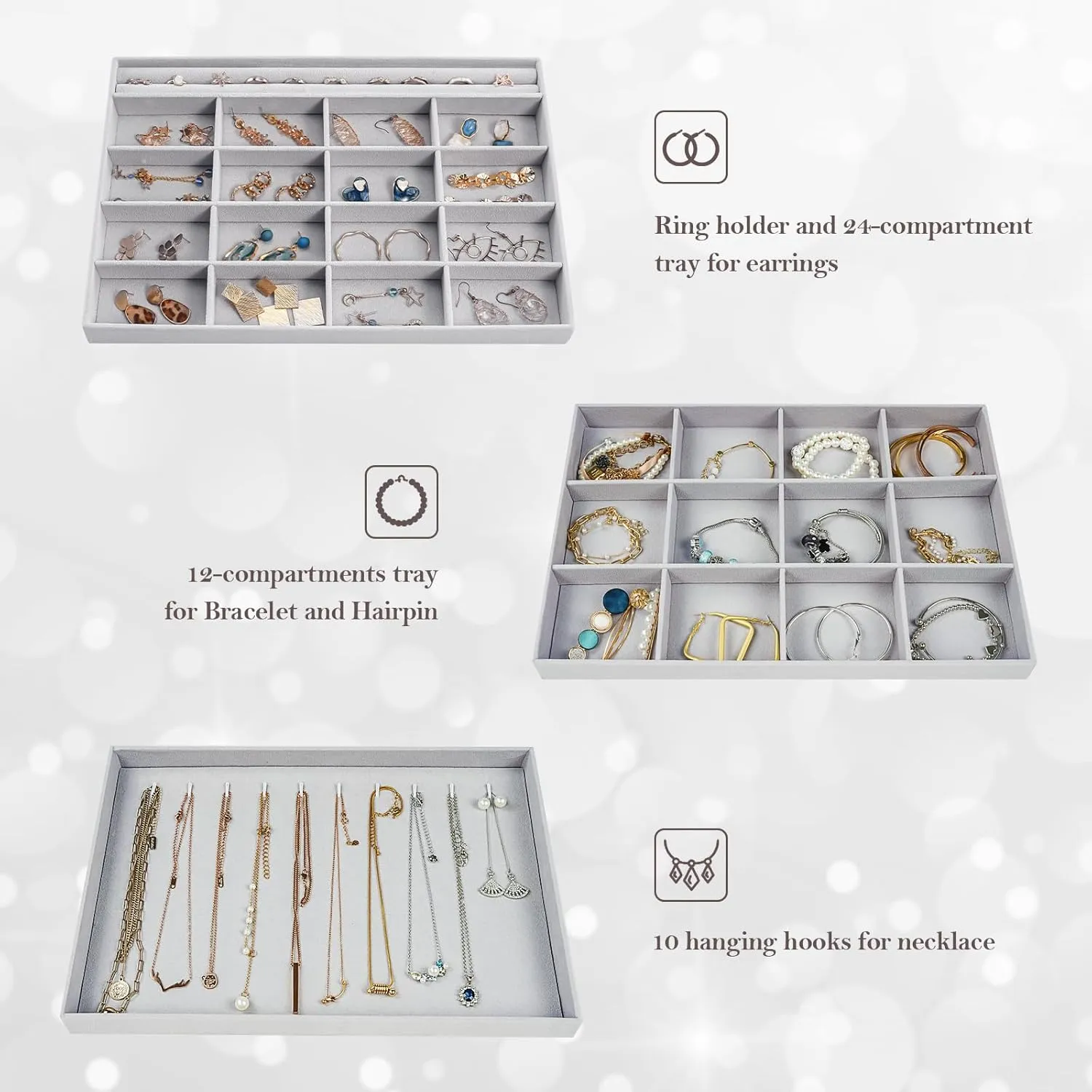 ProCase Stackable Large Jewelry Drawer Organizer, 3 Pack Velvet Jewelry Organizer Tray with Removable Dividers for Earring Necklace Bracelet -Grey