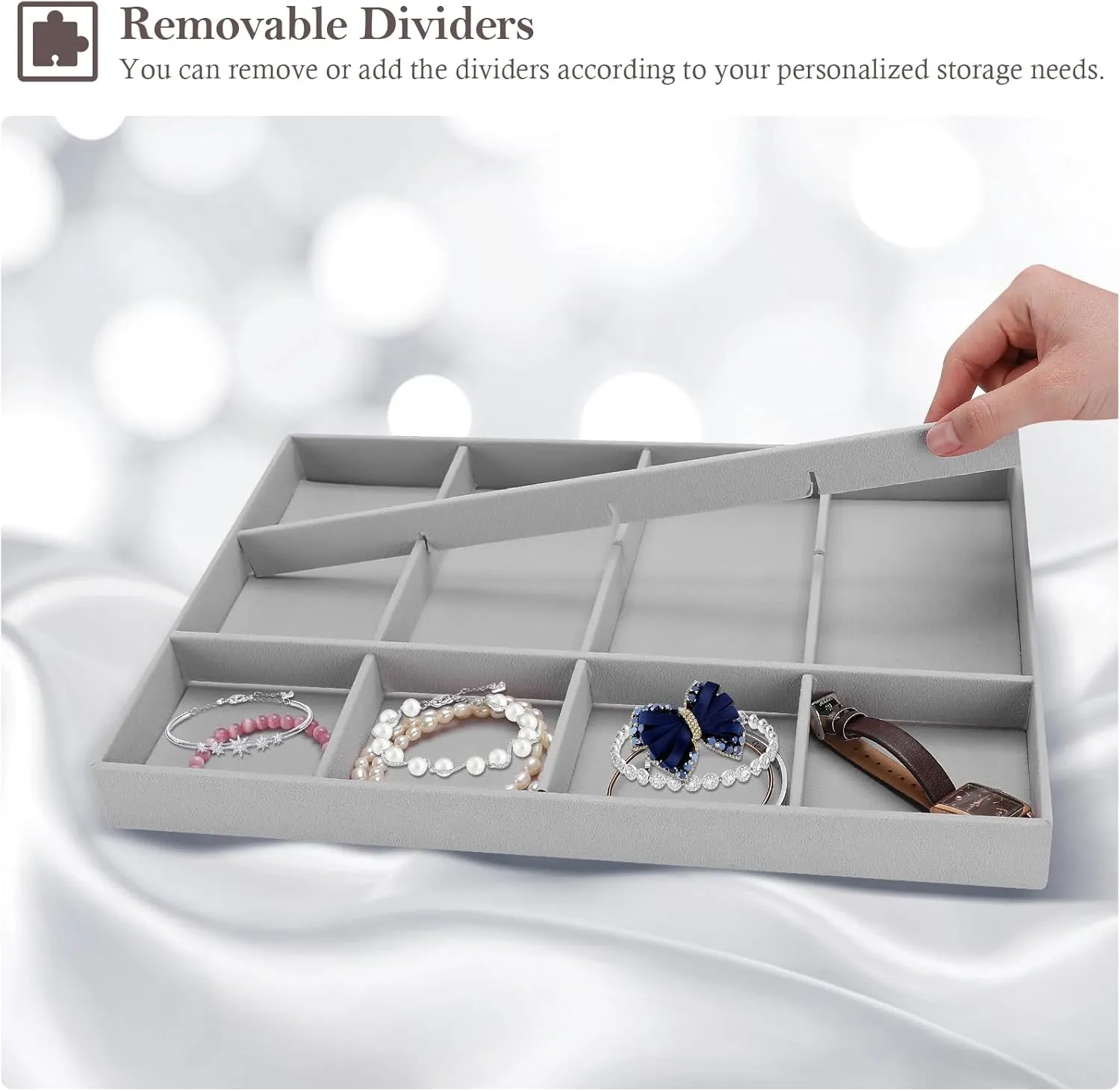 ProCase Stackable Large Jewelry Drawer Organizer, 3 Pack Velvet Jewelry Organizer Tray with Removable Dividers for Earring Necklace Bracelet -Grey