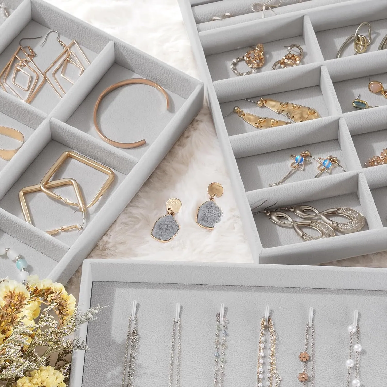 ProCase Stackable Large Jewelry Drawer Organizer, 3 Pack Velvet Jewelry Organizer Tray with Removable Dividers for Earring Necklace Bracelet -Grey