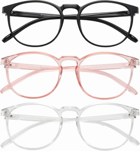 Przene 3 Pack Blue Light Blocking Glasses Women/Men,Retro Round Computer Glasses Anti Eye Strain/UV/Glare, Gaming Glasses. (Black/Crystal/Pink)