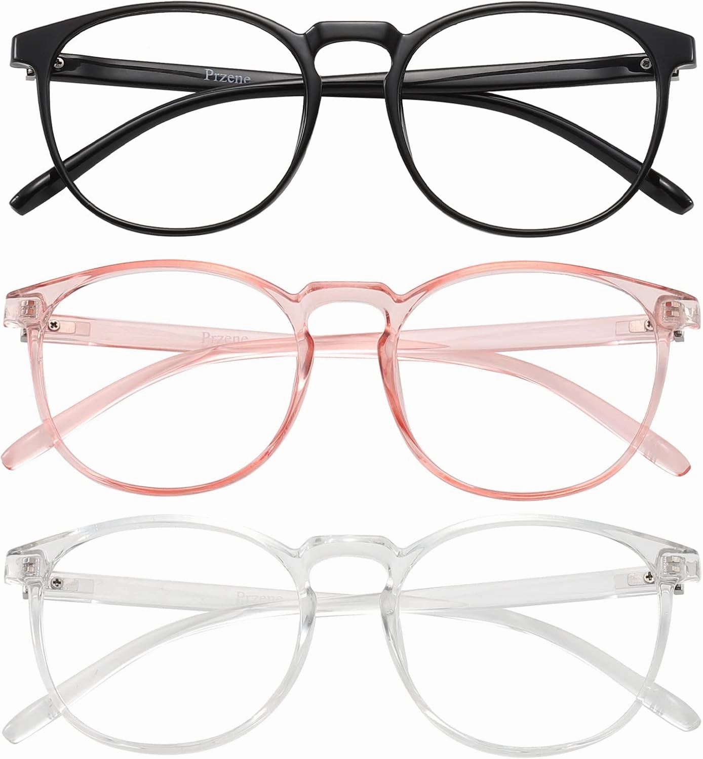 Przene 3 Pack Blue Light Blocking Glasses Women/Men,Retro Round Computer Glasses Anti Eye Strain/UV/Glare, Gaming Glasses. (Black/Crystal/Pink)