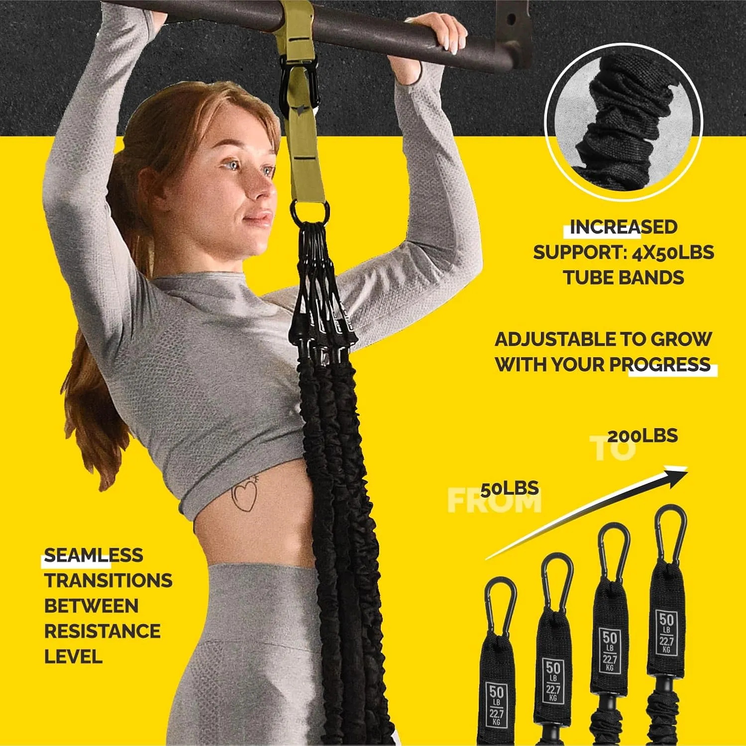Pull Up Assistance Bands Set - 4 Heavy-Duty Pull Up Bands, Height Adjustable Strap & Comfortable Foot Strap - Stackable Pull Up Resistance Bands for Pull Ups