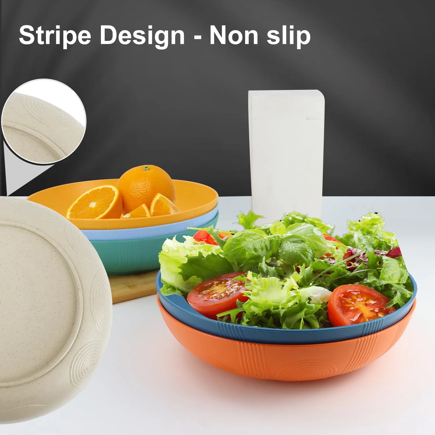 PYRMONT 65 OZ Salad Bowls Set of 6 - 10 inch Serving Bowls - Wheat Straw Plates - Dishwasher Safe - Wide and Shallow for Kitchen, Pasta, Noodles - Multi Color