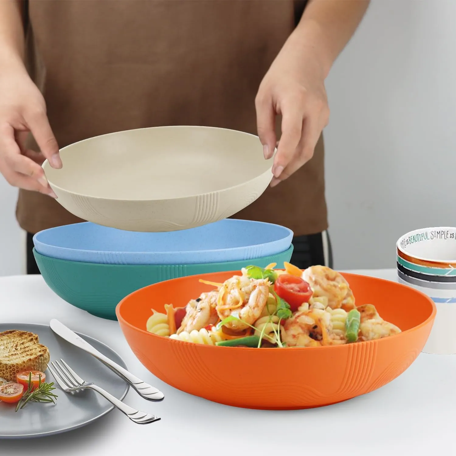 PYRMONT 65 OZ Salad Bowls Set of 6 - 10 inch Serving Bowls - Wheat Straw Plates - Dishwasher Safe - Wide and Shallow for Kitchen, Pasta, Noodles - Multi Color