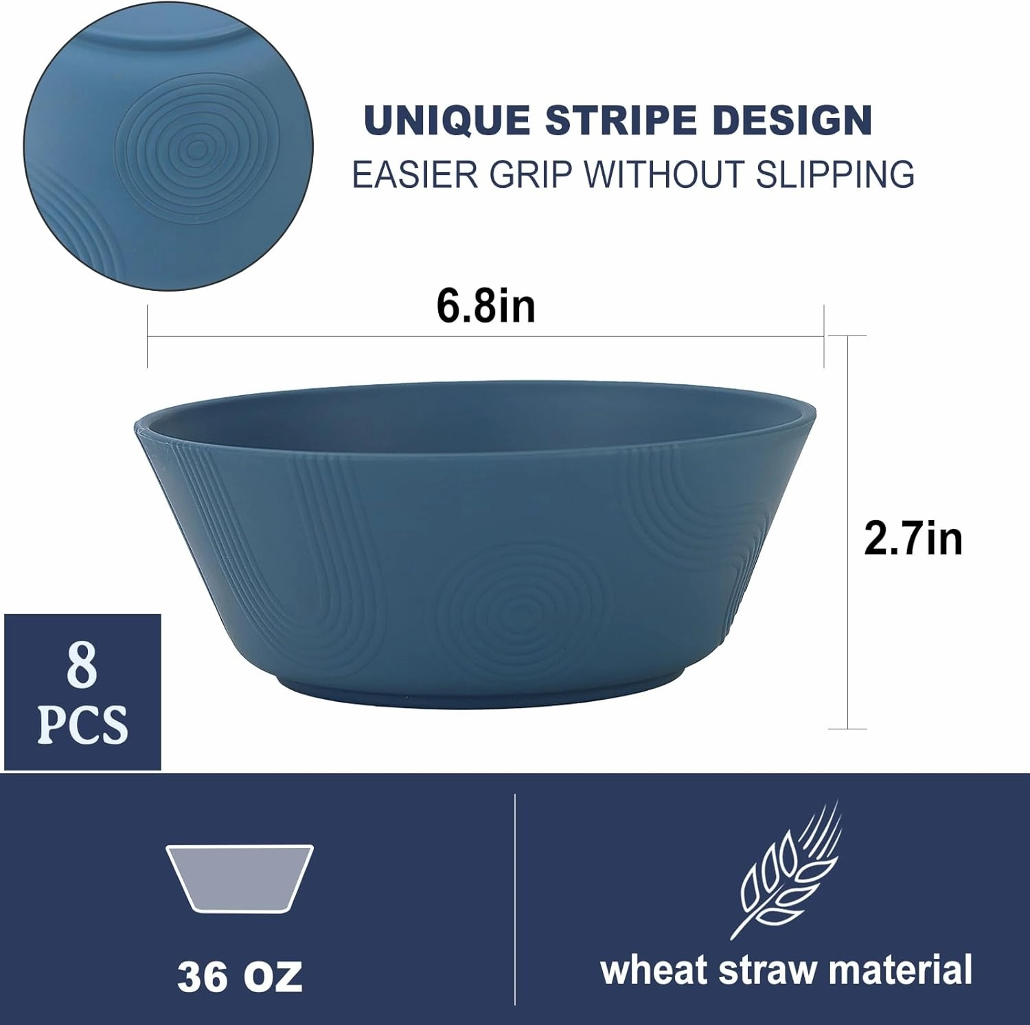 PYRMONT Wheat Straw Bowls 36oz Cereal Bowls Set of 8 Salad Bowls Dishwasher & Microwave Safe Bowls for Kitchen, Plastic Bowls Reusable for Salad, Cereal, Snack, BPA-Free
