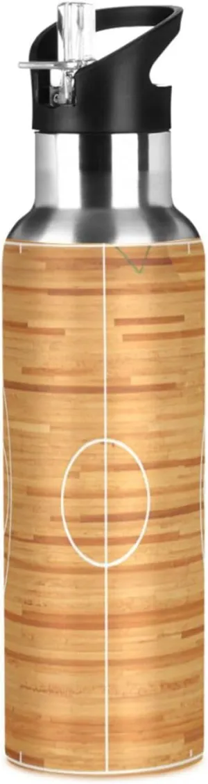 Qilmy Basketball Court Sport Water Bottle with Straw Lid Double Wall Vacuum Insulated Flask Stainless Steel Water Bottle 20 oz