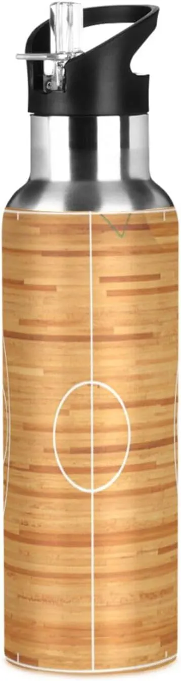 Qilmy Basketball Court Sport Water Bottle with Straw Lid Double Wall Vacuum Insulated Flask Stainless Steel Water Bottle 20 oz
