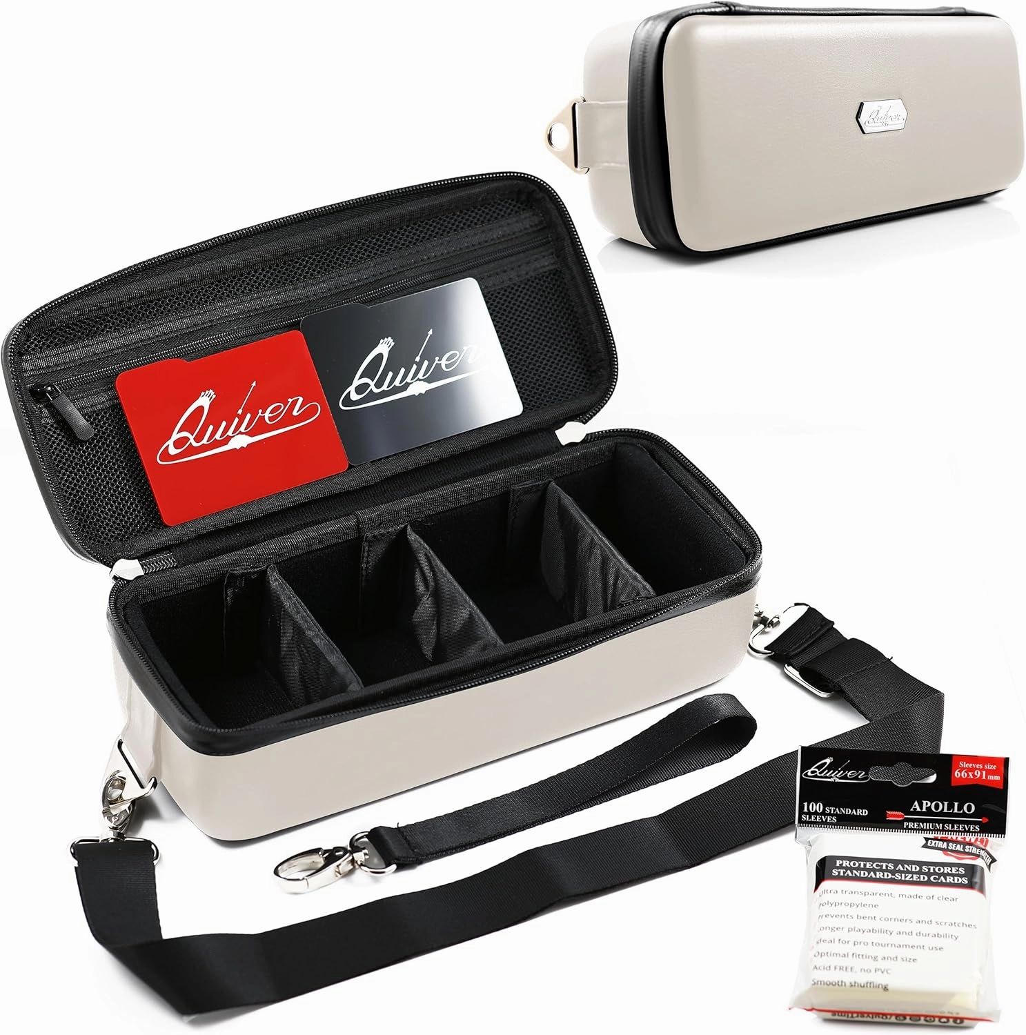 Quiver Time Ivory Bolt Card Carrying Case fits Pokemon Cards and other TCG Games - Storage Bag for Playing/Trading Cards and Deck Box (Straps, Dividers & 100 Apollo Card Sleeves)