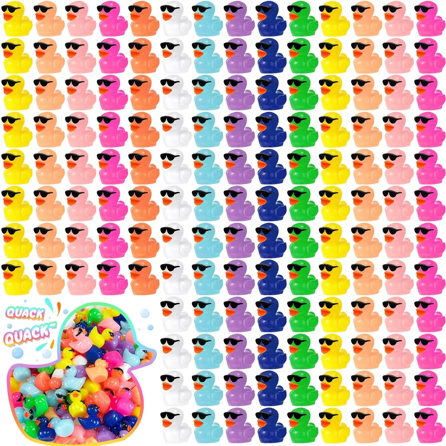 Qunclay Mini Resin Duck with Sunglasses Tiny Ducks Bulk Tiny Colorful Duck Figures Miniature Dollhouse Accessories DIY Craft Toys for Birthday Gift Micro Fairy Landscape Aquarium Potted (200 Pcs)