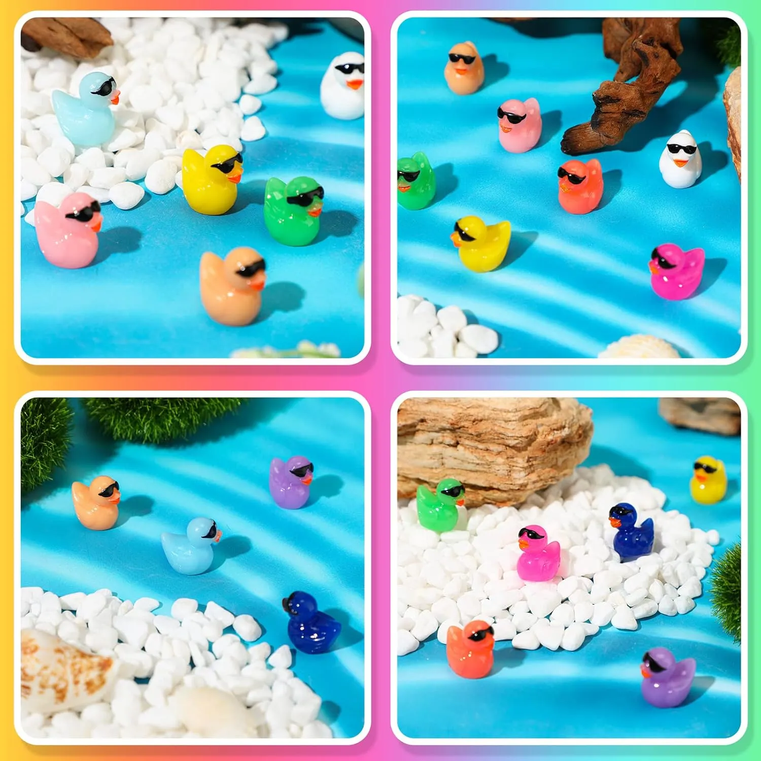 Qunclay Mini Resin Duck with Sunglasses Tiny Ducks Bulk Tiny Colorful Duck Figures Miniature Dollhouse Accessories DIY Craft Toys for Birthday Gift Micro Fairy Landscape Aquarium Potted (200 Pcs)