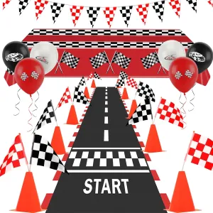 Race Car Party Decorations - 12 Traffic Cones, 24 Checkered Flags, 6.5Ft Racetrack Floor Runner and 9.8ft Banner, Tablecloth, Balloons and Ribbons