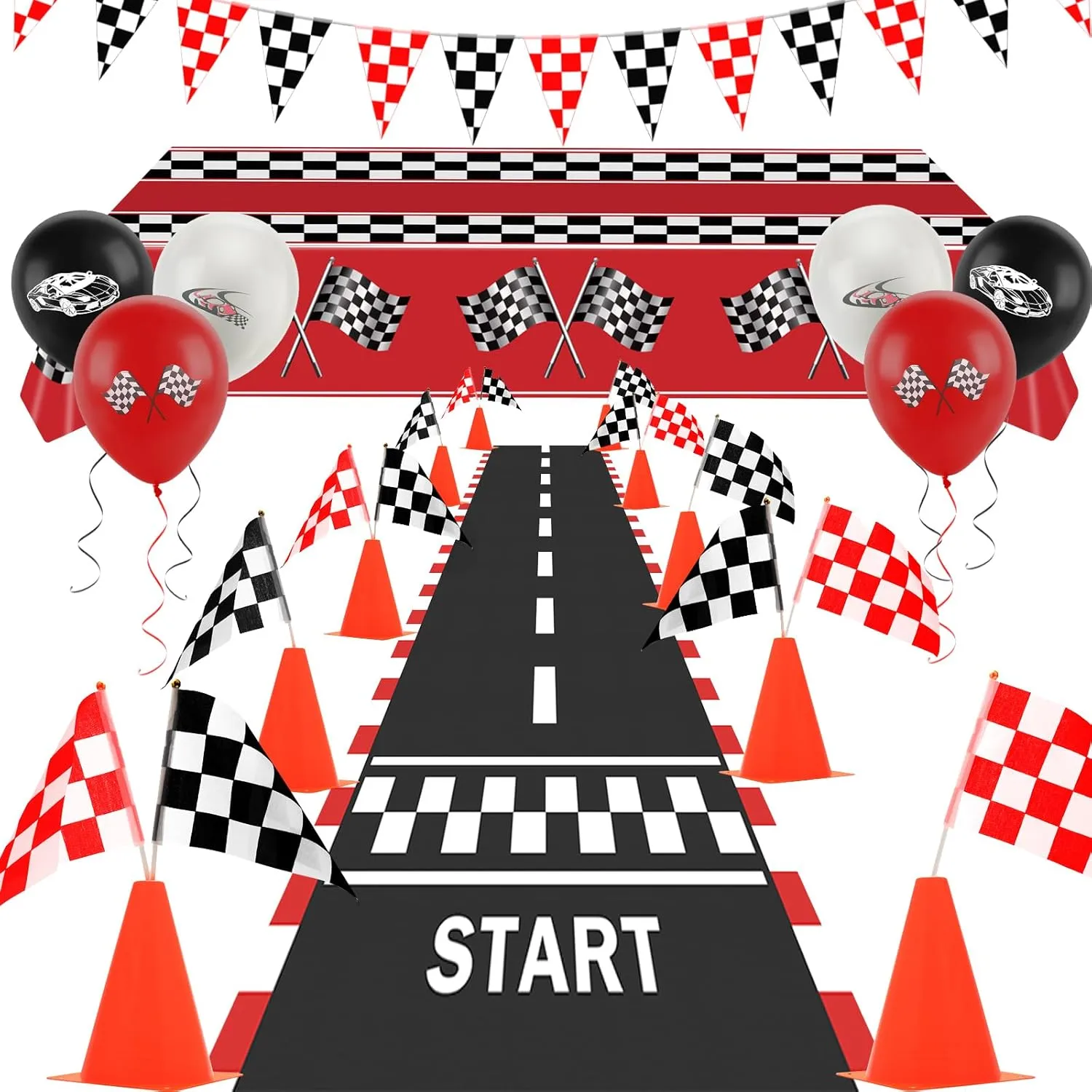 Race Car Party Decorations - 12 Traffic Cones, 24 Checkered Flags, 6.5Ft Racetrack Floor Runner and 9.8ft Banner, Tablecloth, Balloons and Ribbons