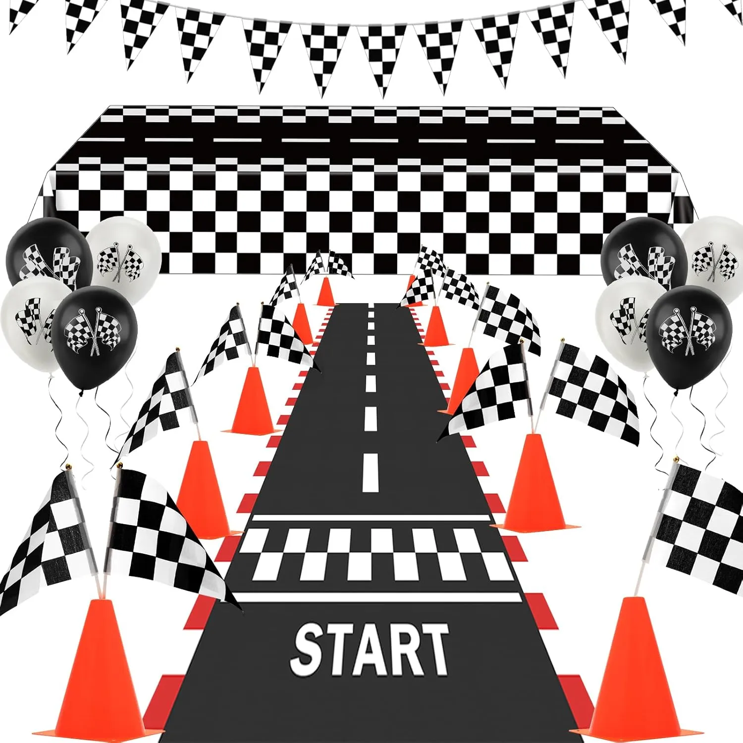 Race Car Party Decorations, AHIER 61 Pcs Set-12 Traffic Cones and 24 Racing Checkered Flags, 6.5Ft Racetrack Floor Runner and 9.8ft Checkered Race Track Banner, Tablecloth, Balloons and Ribbons
