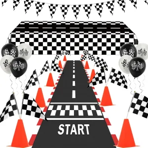 Race Car Party Decorations, AHIER 61 Pcs Set-12 Traffic Cones and 24 Racing Checkered Flags, 6.5Ft Racetrack Floor Runner and 9.8ft Checkered Race Track Banner, Tablecloth, Balloons and Ribbons