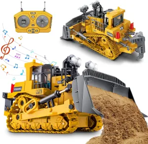 Rc Bulldozer Toys - Remote Control Bulldozer Construction Vehicles Trucks Toys for Boys Kids Age 7 8-12 - Metal Remote Control Electric Tractor Loader Toys with Light and Sound - Birthday Gift