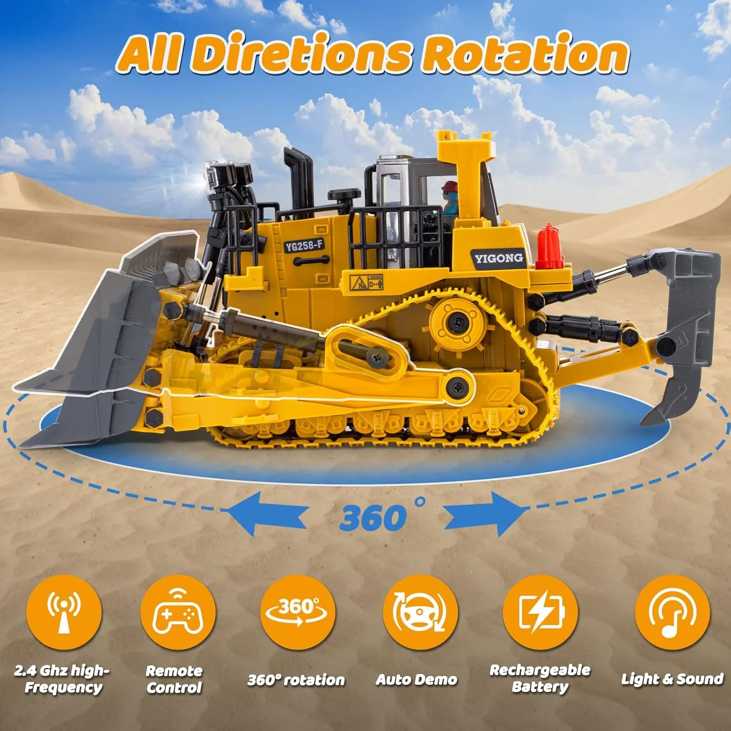 Rc Bulldozer Toys - Remote Control Bulldozer Construction Vehicles Trucks Toys for Boys Kids Age 7 8-12 - Metal Remote Control Electric Tractor Loader Toys with Light and Sound - Birthday Gift