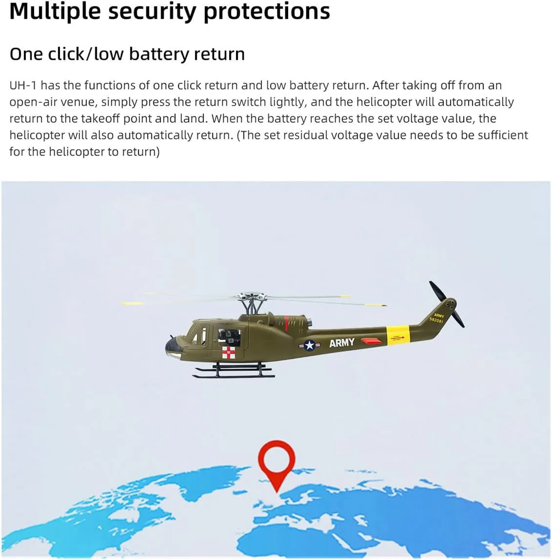RC Helicopter, Fly Wing UH1-V4 Huey 470-Class 2.4G 6CH Dual Brushless Motor RC Military Helicopter with GPS Positioning Four Flight Modes (RTF Version)