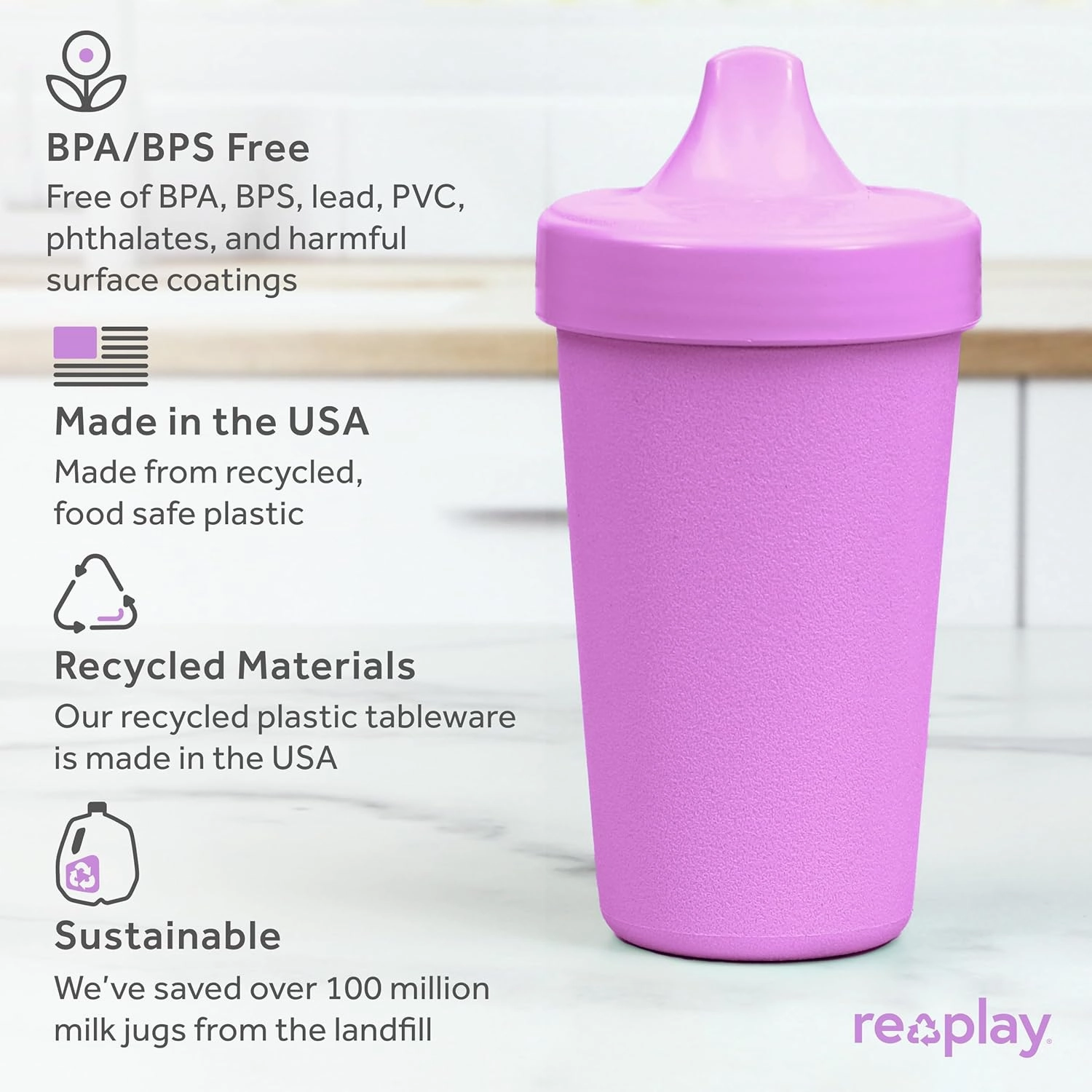 Re-Play Sippy Cups for Toddlers - 10 Oz. Reusable Spill Proof Cups for Kids, Dishwasher/Microwave Safe - Made in USA - Set of 3-3.13" x 6.25" - Berry