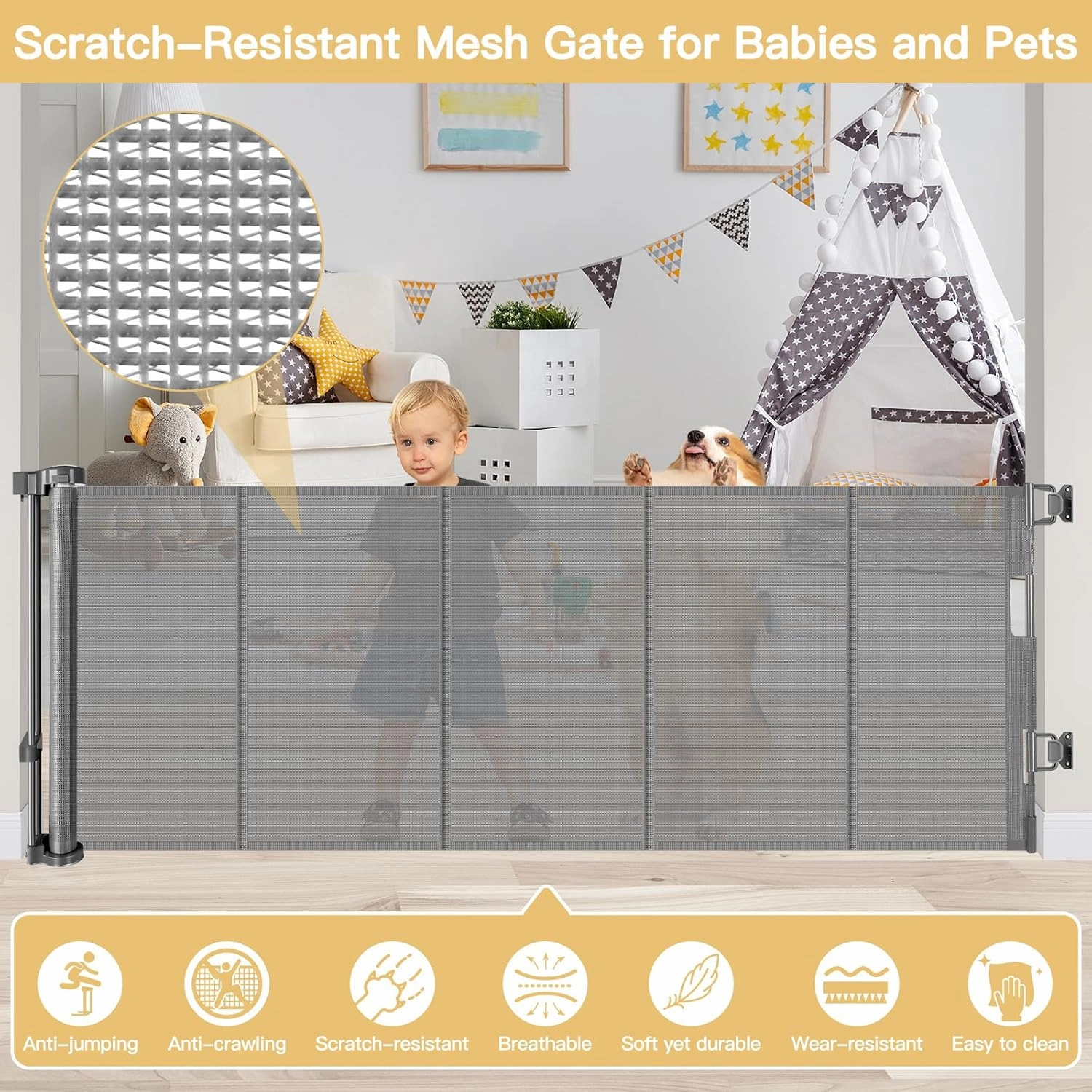 Reinforced 28-Inch Tall Retractable Baby Gates for Doorways, Walk Through Pet Gate for Stairs, Short Baby Gate with Support Rods, 55 Inch Wide Mesh Gate Retractable Gate Small Dog Gate, Gray