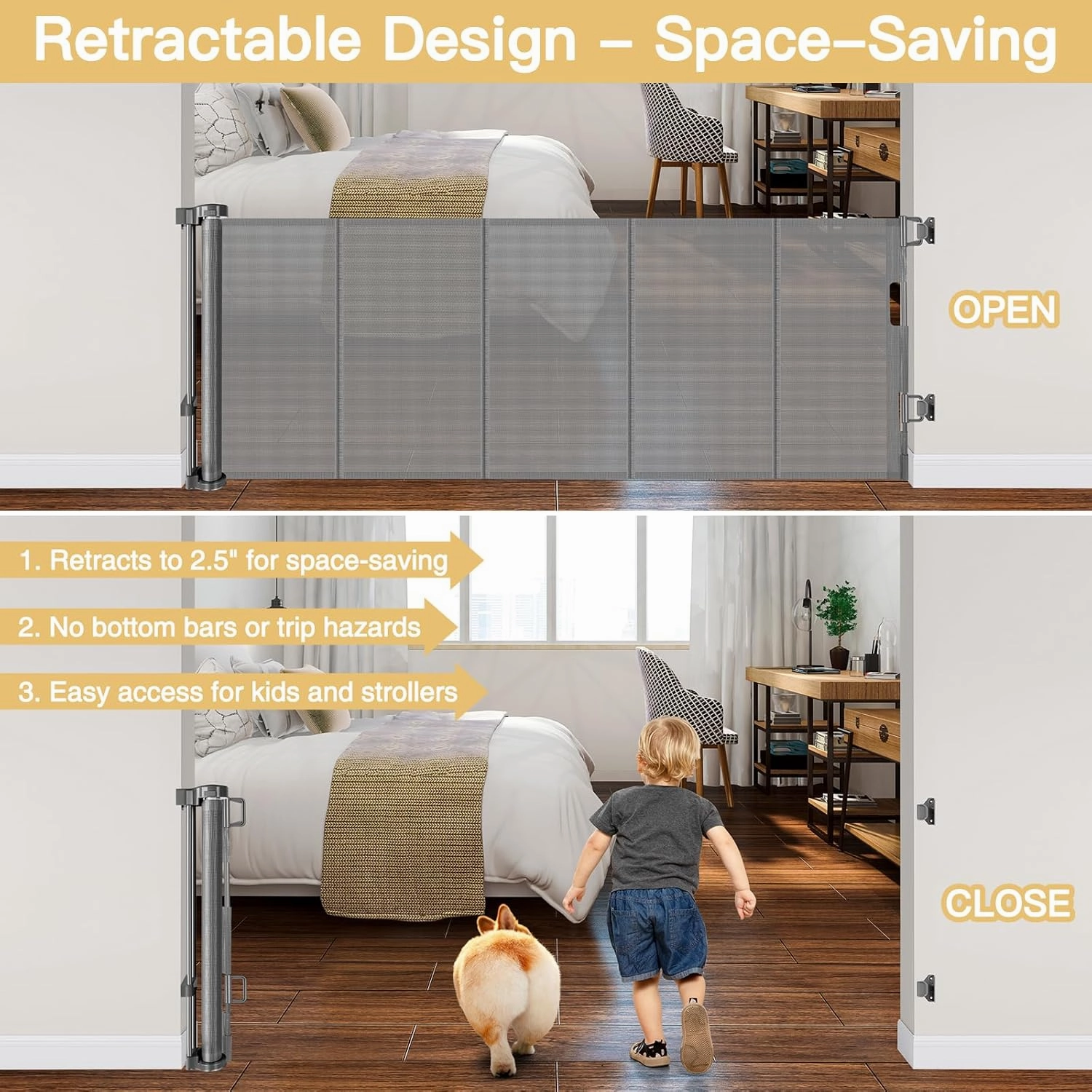 Reinforced 28-Inch Tall Retractable Baby Gates for Doorways, Walk Through Pet Gate for Stairs, Short Baby Gate with Support Rods, 55 Inch Wide Mesh Gate Retractable Gate Small Dog Gate, Gray