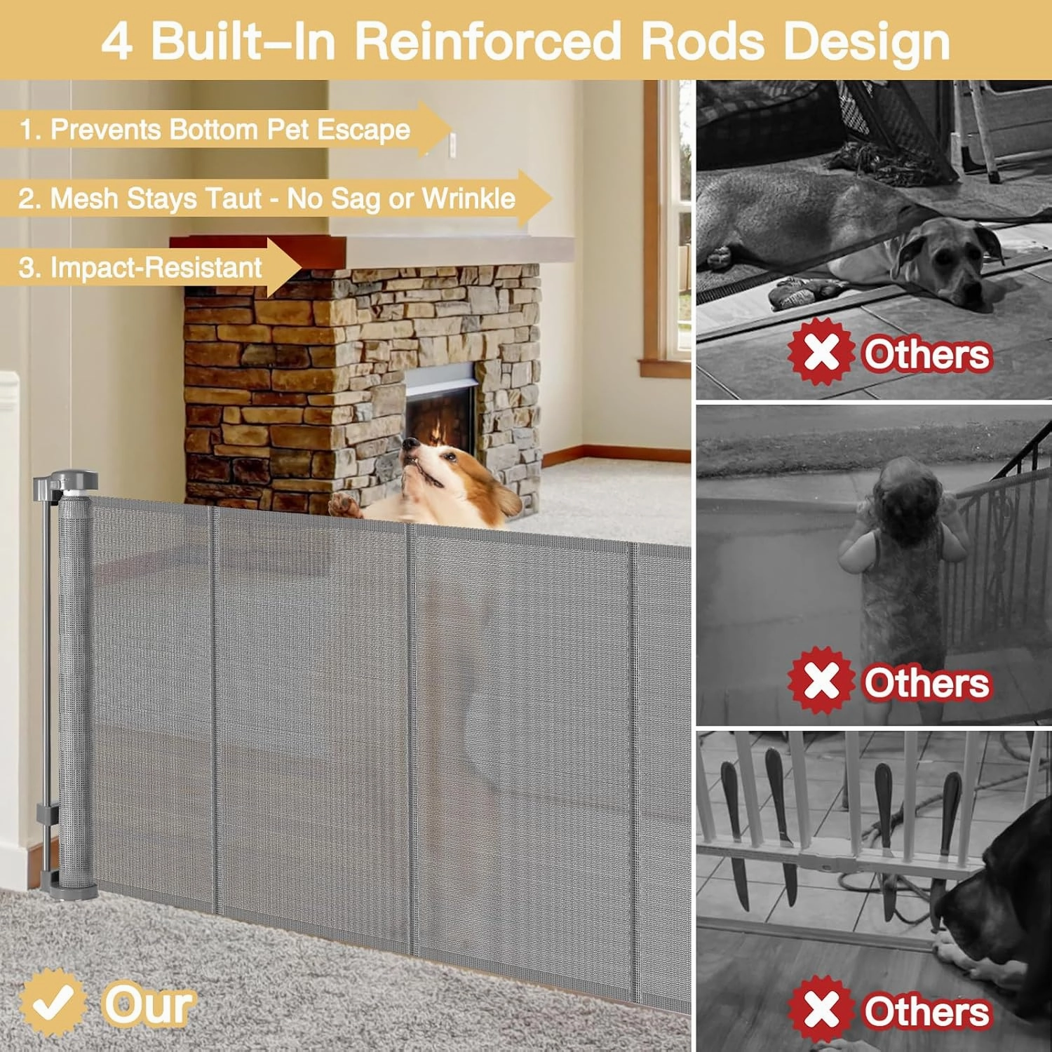 Reinforced 28-Inch Tall Retractable Baby Gates for Doorways, Walk Through Pet Gate for Stairs, Short Baby Gate with Support Rods, 55 Inch Wide Mesh Gate Retractable Gate Small Dog Gate, Gray