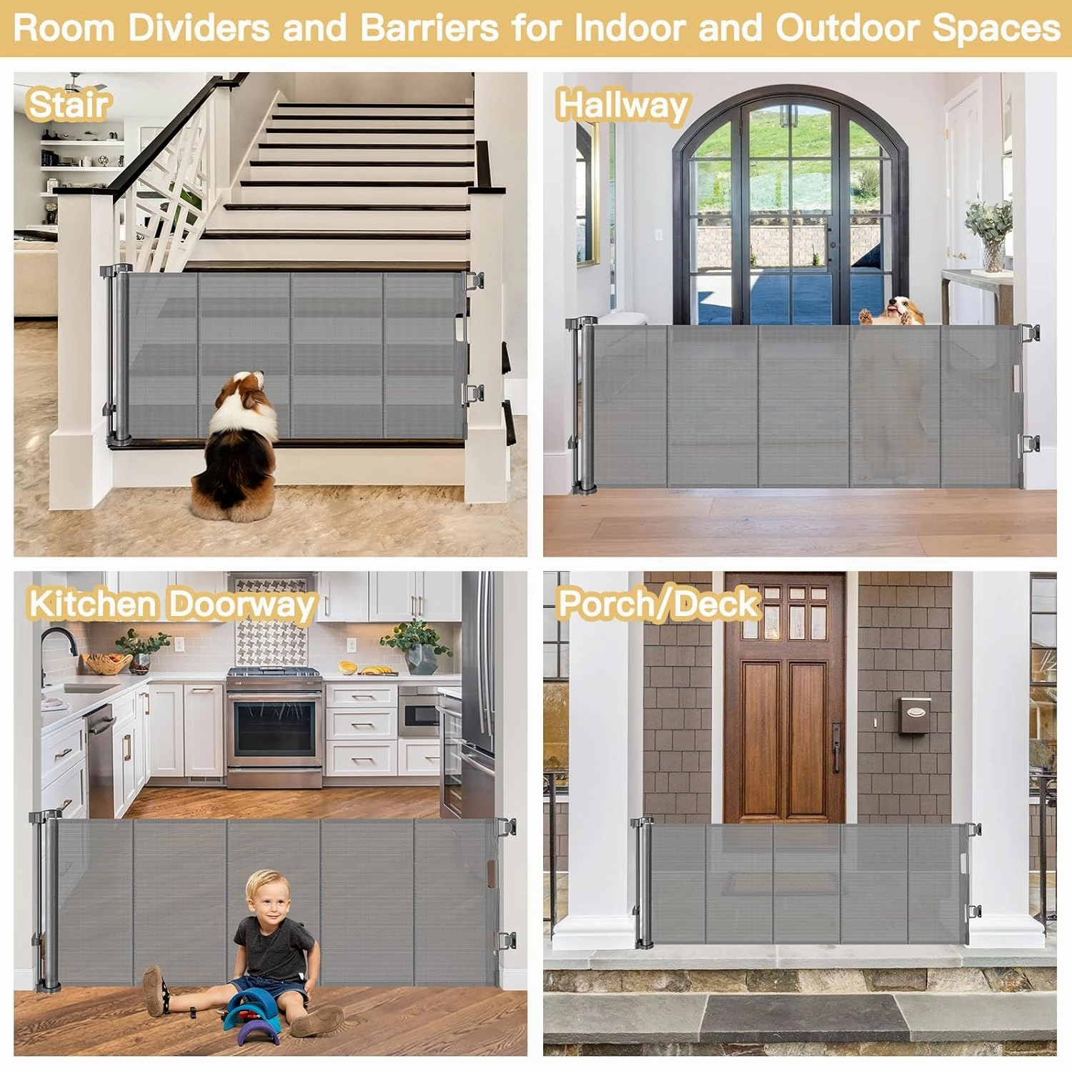 Reinforced 28-Inch Tall Retractable Baby Gates for Doorways, Walk Through Pet Gate for Stairs, Short Baby Gate with Support Rods, 55 Inch Wide Mesh Gate Retractable Gate Small Dog Gate, Gray