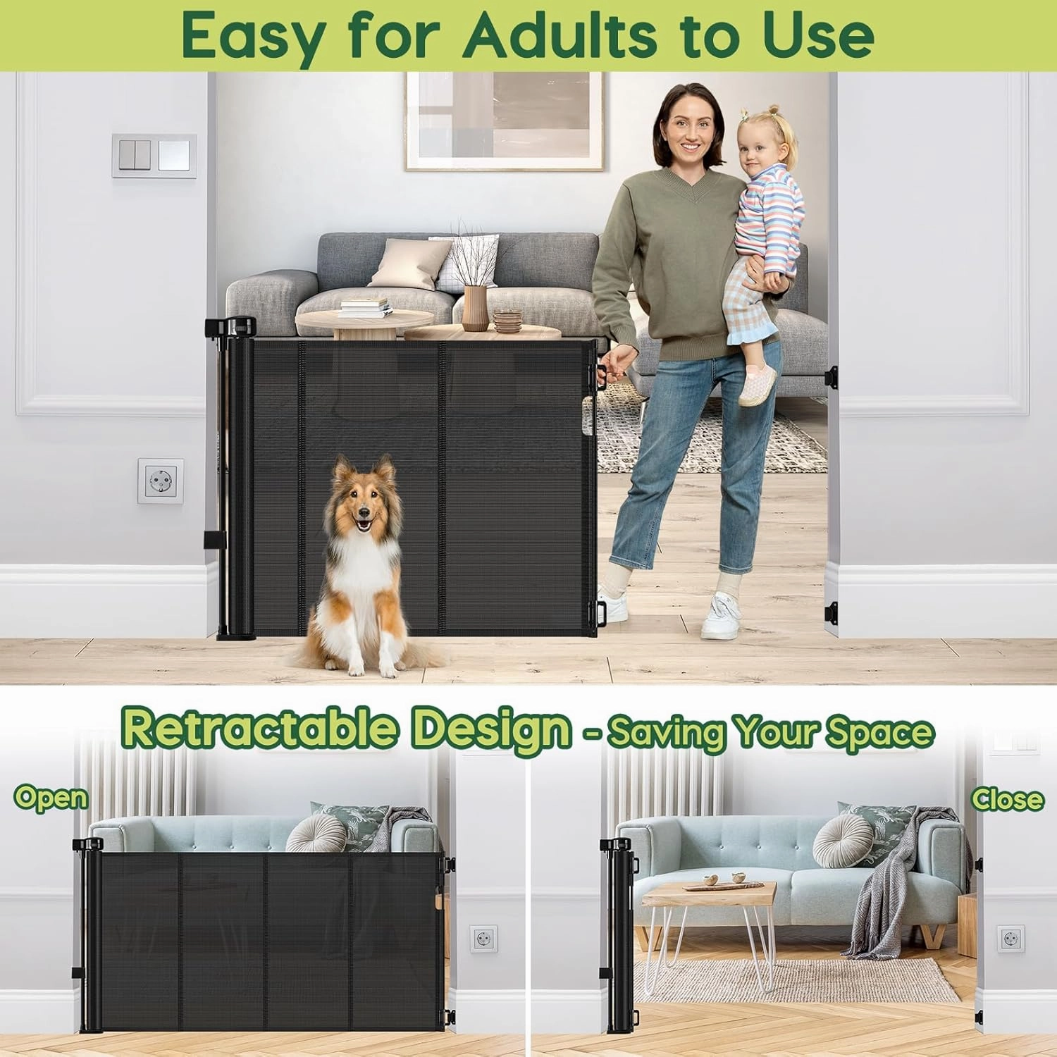 Reinforced 55" Wide Retractable Baby Gates with Reinforced Strips Retractable Dog Gate for the House Prevents Bottom Drilling Through Kid/Pet Mesh Baby Gate for Stairs Puppy Gates for the House, Black