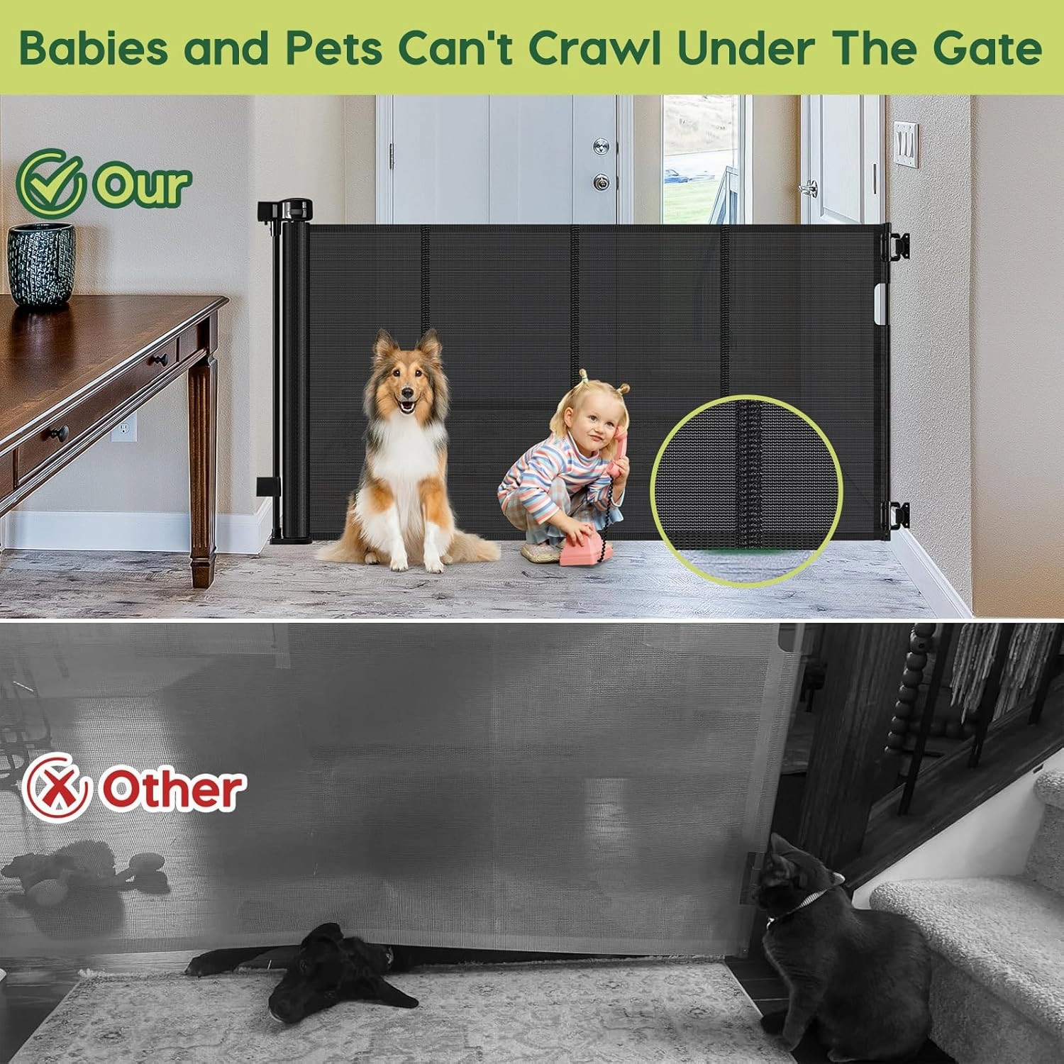 Reinforced 55" Wide Retractable Baby Gates with Reinforced Strips Retractable Dog Gate for the House Prevents Bottom Drilling Through Kid/Pet Mesh Baby Gate for Stairs Puppy Gates for the House, Black