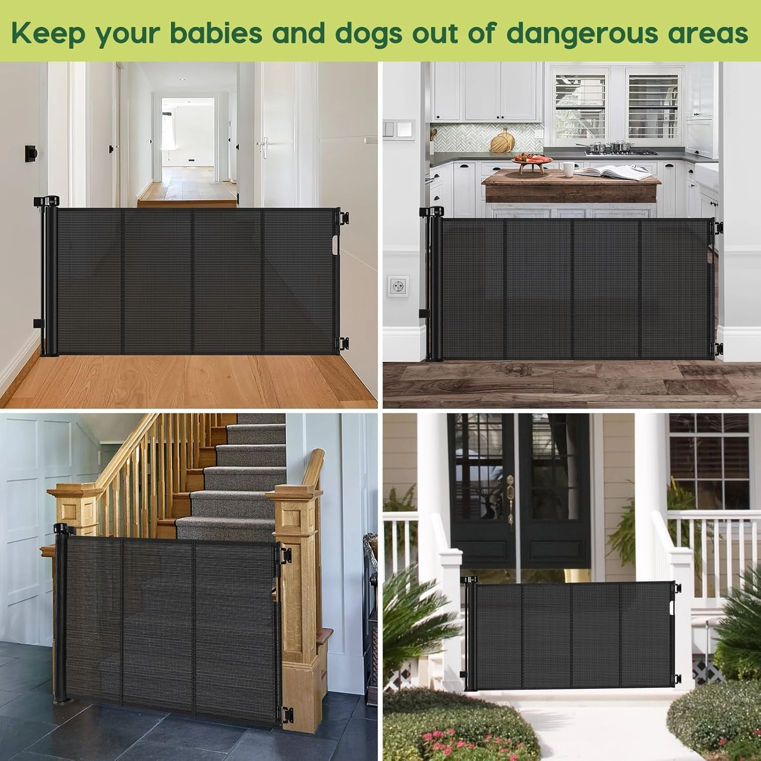 Reinforced 55" Wide Retractable Baby Gates with Reinforced Strips Retractable Dog Gate for the House Prevents Bottom Drilling Through Kid/Pet Mesh Baby Gate for Stairs Puppy Gates for the House, Black