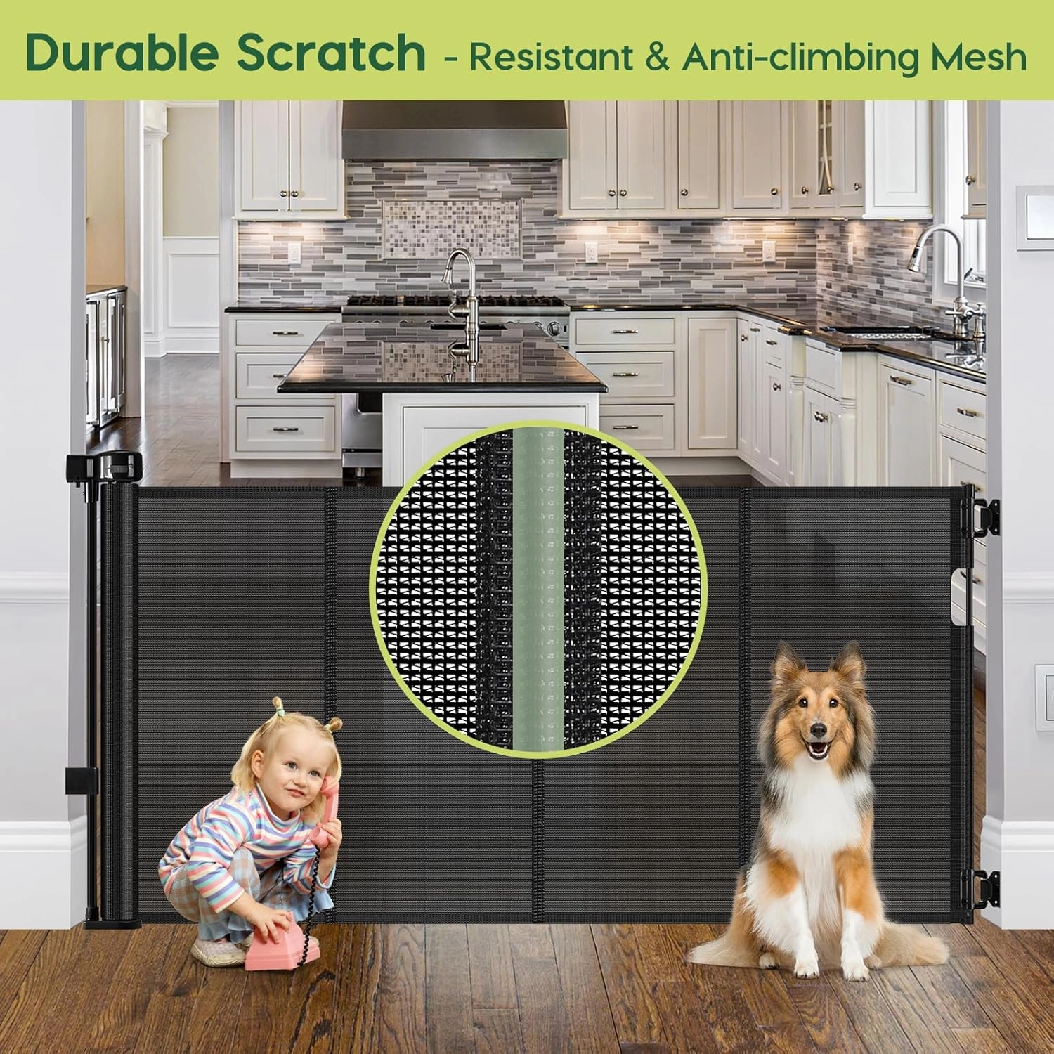 Reinforced 55" Wide Retractable Baby Gates with Reinforced Strips Retractable Dog Gate for the House Prevents Bottom Drilling Through Kid/Pet Mesh Baby Gate for Stairs Puppy Gates for the House, Black