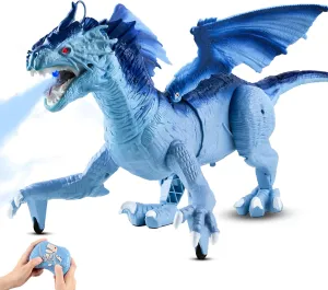 Remote Control Dragon Toy for Kids with 360° Swaying Head, Roaring, Spraying & Light Up - Remote Control Robot Toys for Kids - Birthday, for Boys Girls -Blue