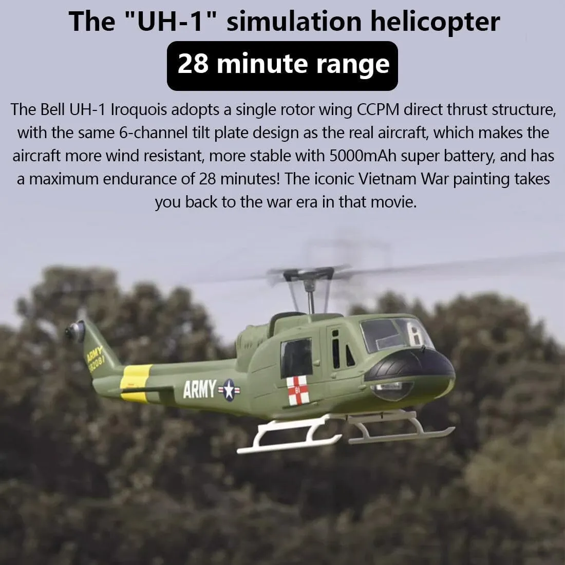 Remote Control Helicopter, FLYWING UH1-V3 Huey 470-Class RC Helicopter Model 2.4G RC 6CH Electric Airplane, Flying Toys for Adults Beginners (RTF Version/Mode 1), As Shown, Green