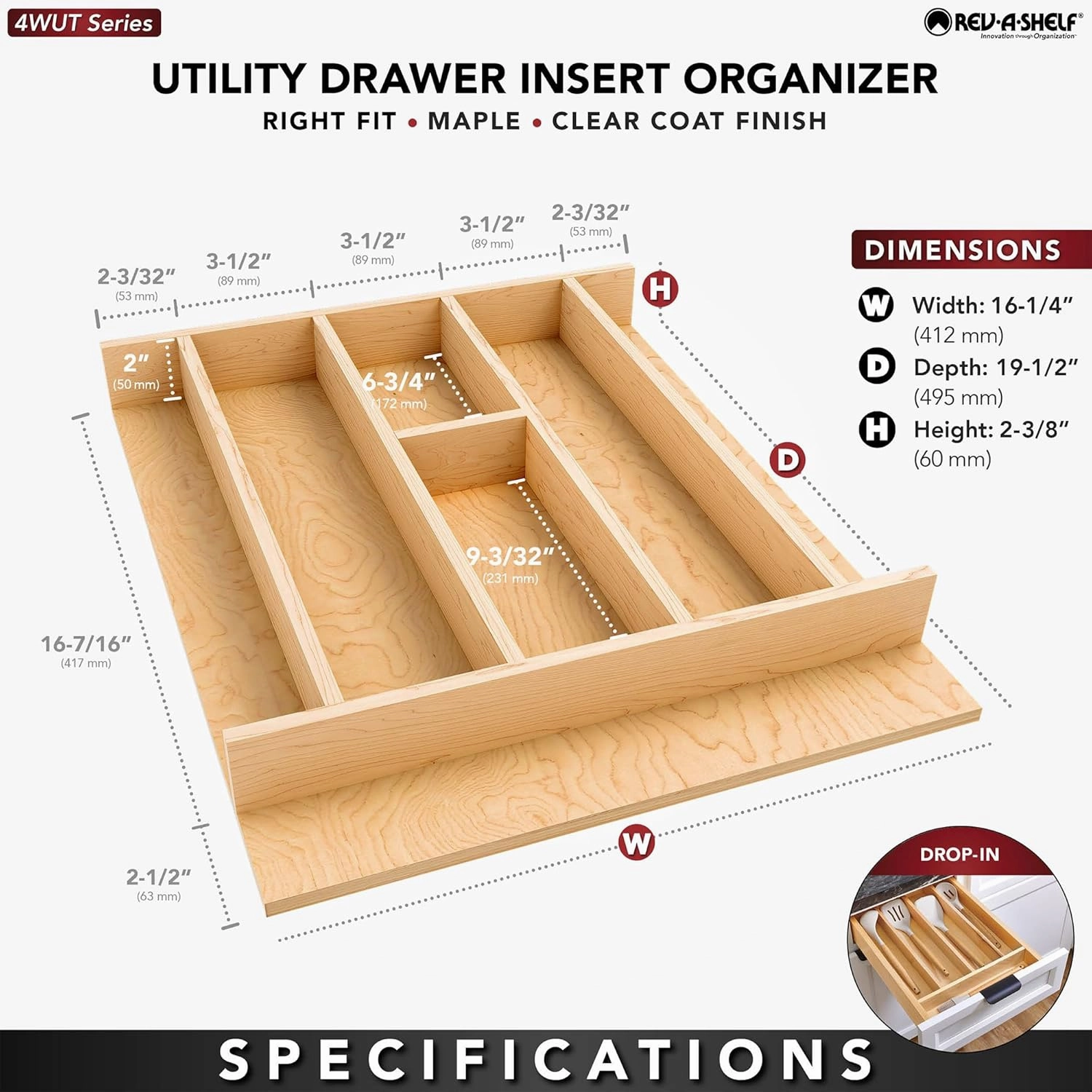 Rev-A-Shelf Natural Maple Right Size Utensil Insert Home Storage Kitchen Organizer 7 Compartment Drawer Accessory, 16 1/4" x 19 1/2", 4WUT-21SH-1