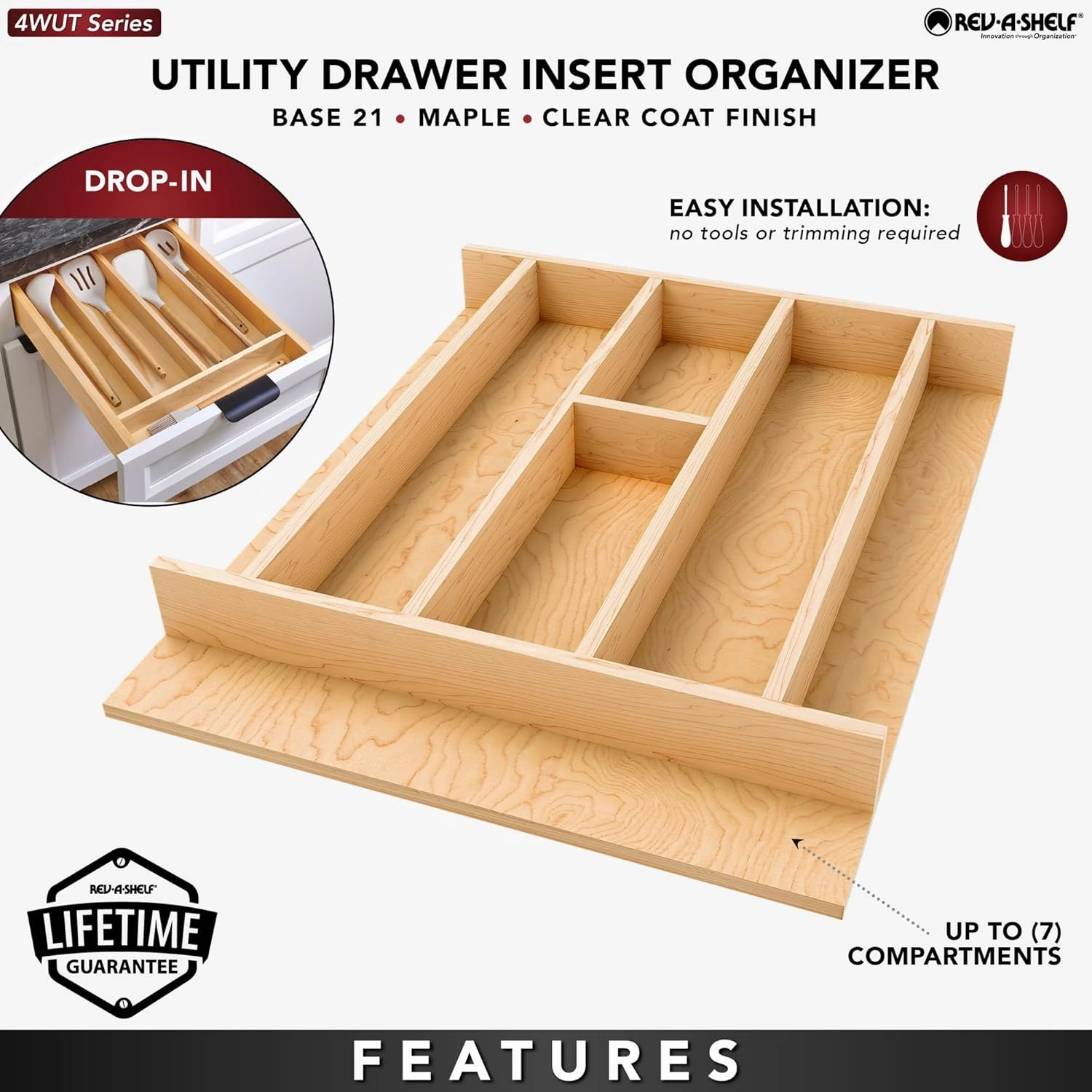 Rev-A-Shelf Natural Maple Right Size Utensil Insert Home Storage Kitchen Organizer 7 Compartment Drawer Accessory, 16 1/4" x 19 1/2", 4WUT-21SH-1