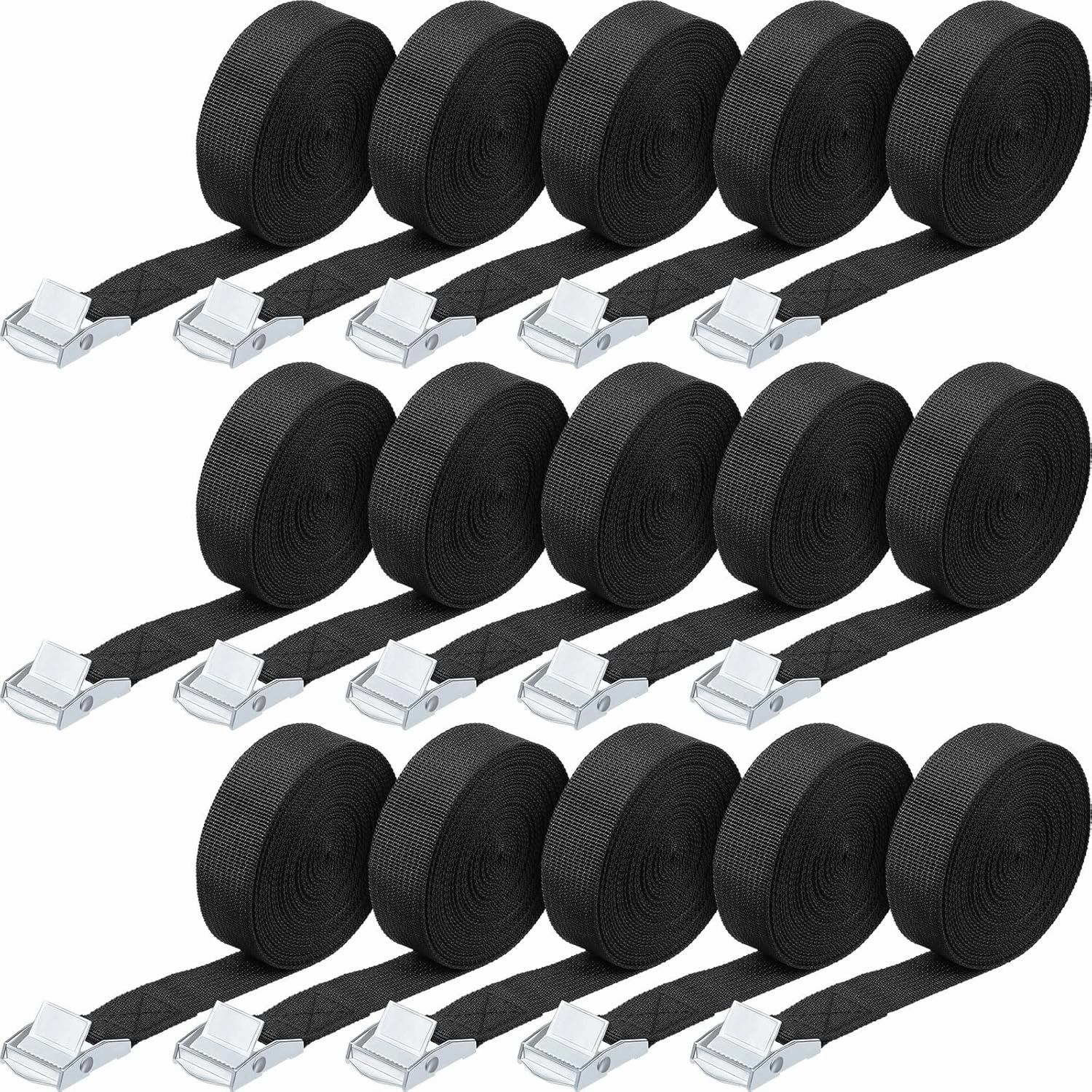 Riakrum 15 Pack Lashing Straps Adjustable Kayaks Tie Down Cam Buckle Straps with Buckles up to 250lbs for Cargo, Luggage, Motorcycles, Truck, Car Roof Rack, Sup Surfboard(Black,16 Feet)