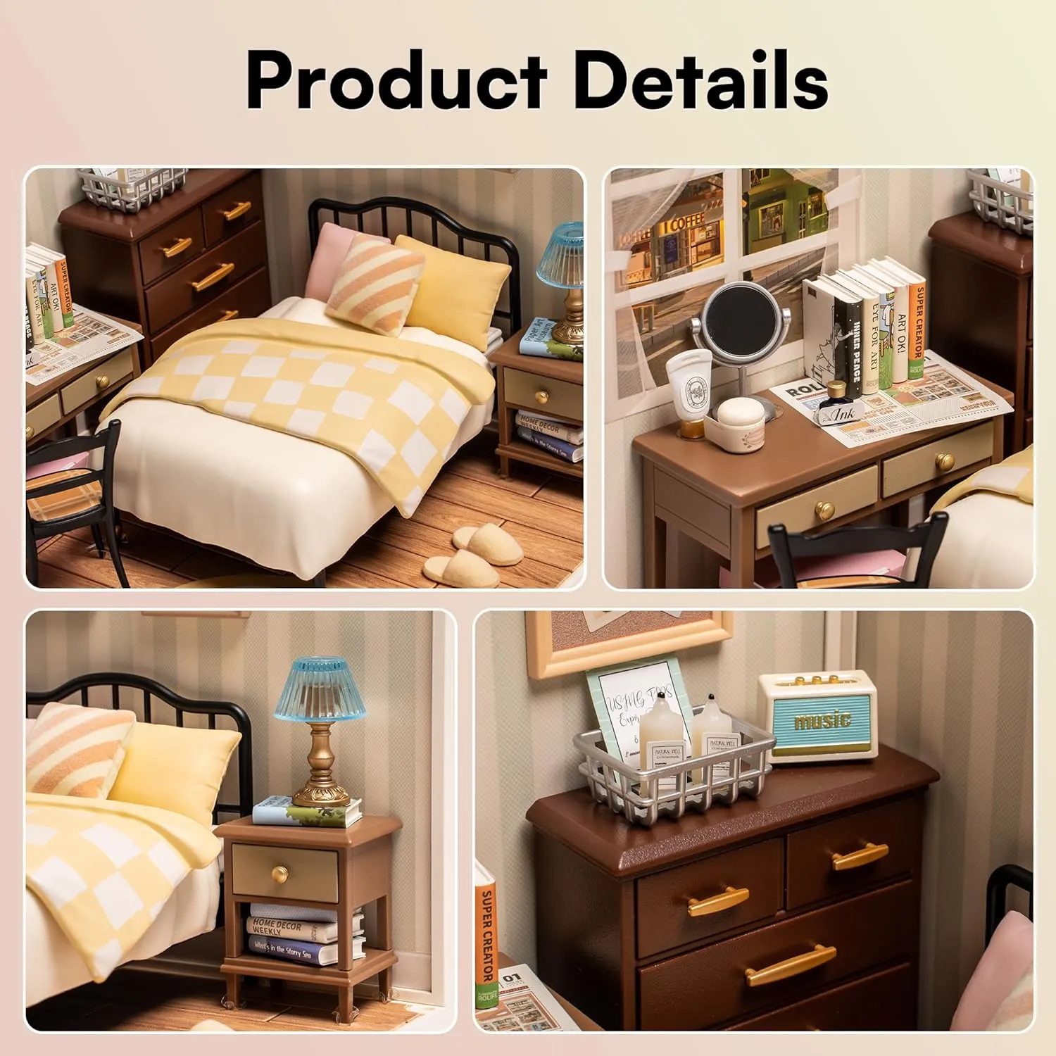 ROBOTIME DIY Miniature House Kit Mini Dollhouse Building Toy Set Plastic Tiny Room Making Kit with Accessories Model Room Craft Hobby Decent Gifts (Sweet Dream Bedroom)