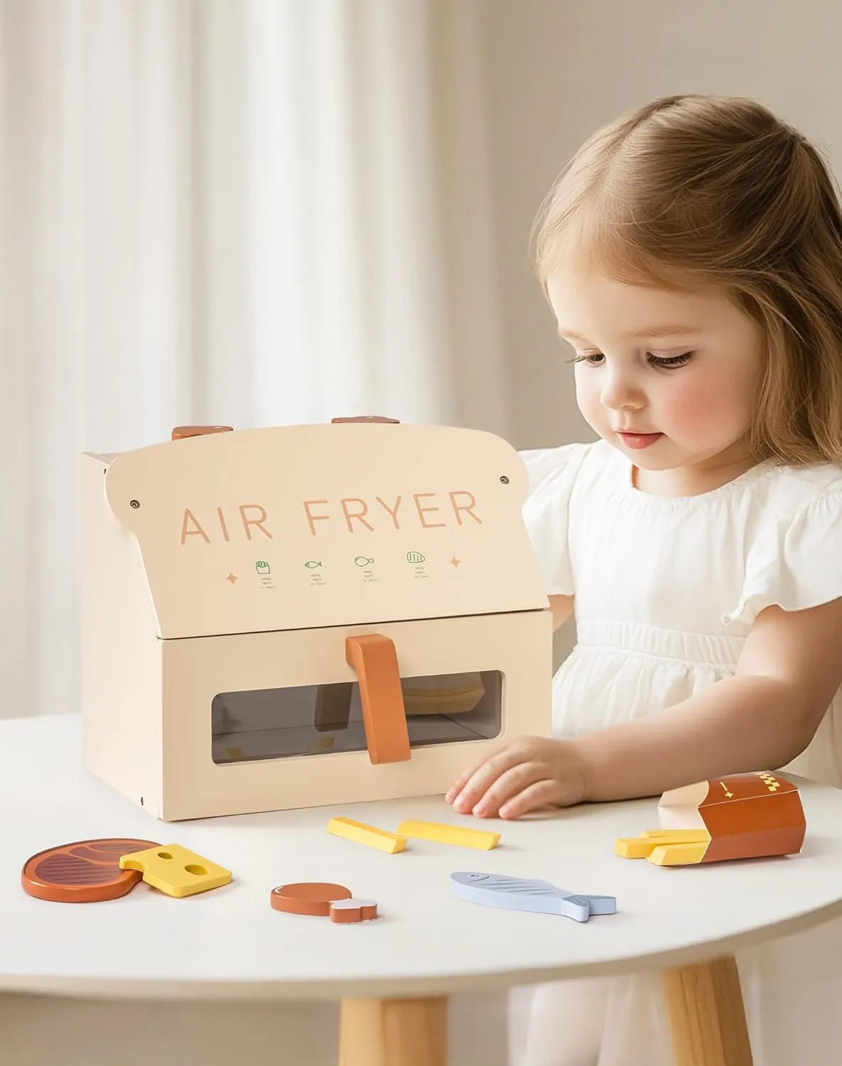 ROBOTIME Wooden Toy Air Fryer for Kids, Play Kitchen Accessories, Wooden Kitchen Play Food Set, Pretend Cooking Toys for Toddlers Kitchen Set, Role Play Gift for Boys & Girls