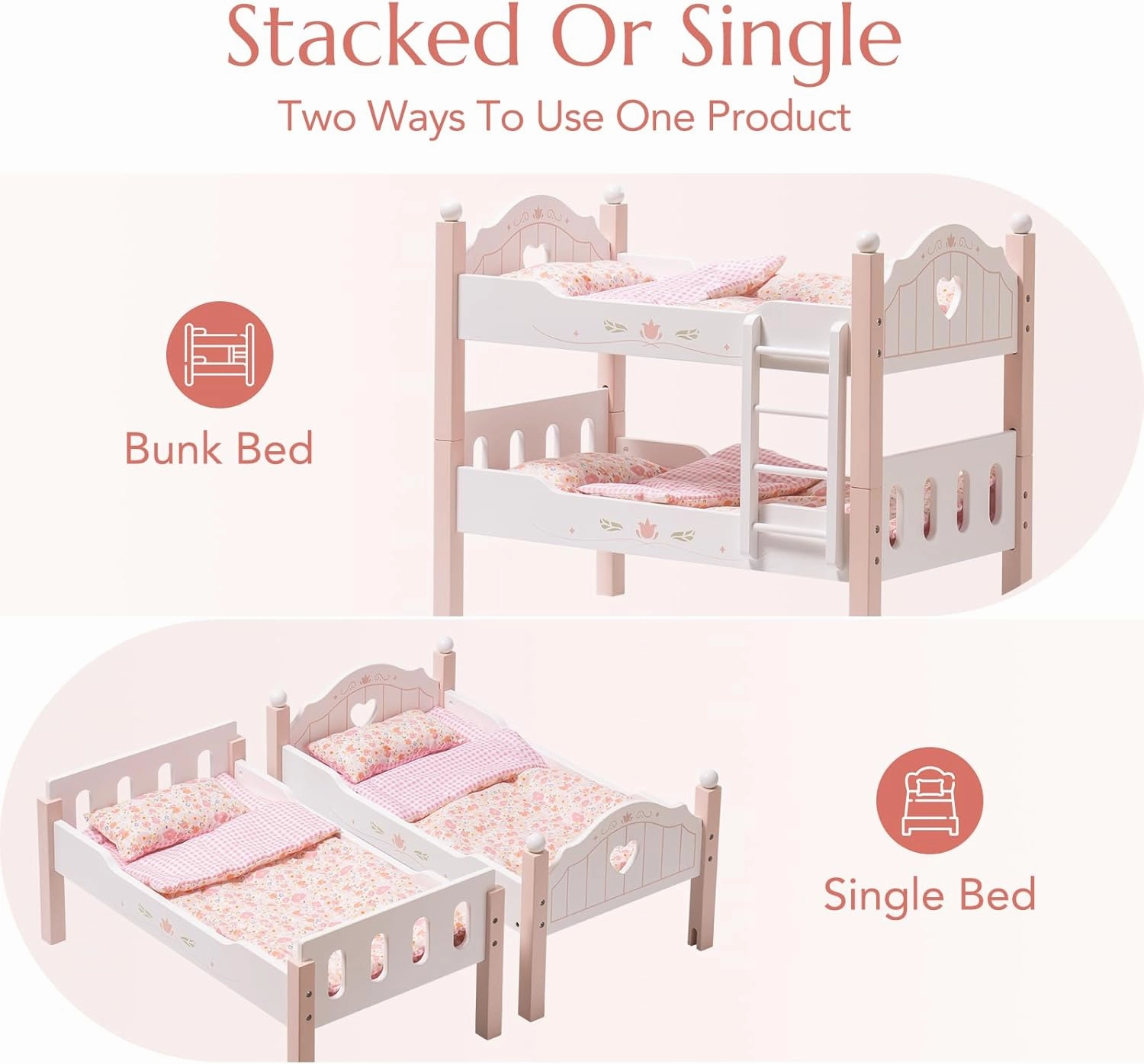 ROBUD Baby Doll Crib, Wooden Baby Doll Beds for 20 Inch Dolls, Baby Doll Bunk Beds with Tulle, American Girl Doll Bed for Gifts, Pink