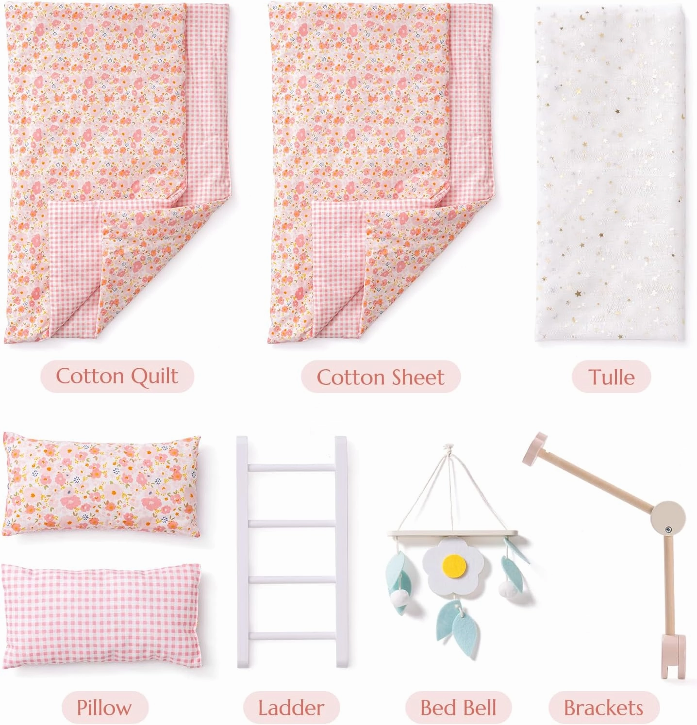 ROBUD Baby Doll Crib, Wooden Baby Doll Beds for 20 Inch Dolls, Baby Doll Bunk Beds with Tulle, American Girl Doll Bed for Gifts, Pink