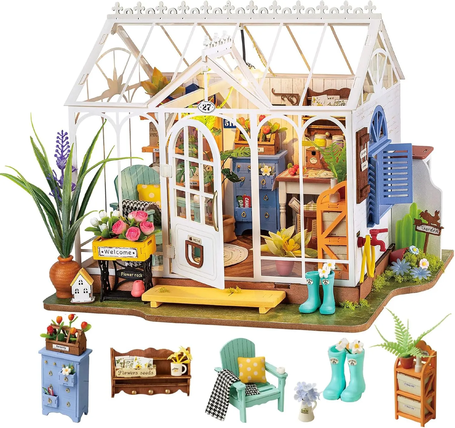 Rolife DIY Miniature Dollhouse Kit, Build 9.6" Greenhouse Diorama Kit Building Set with LED Room Hobby Craft for Aduls Uniue Gifts for Teens (Dreamy Garden)