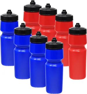 Rolling Sands USA Made 24 oz Sports Squeeze Water Bottles, 8 Pack, BPA-Free, Easy Drink One Way Flow Valve, Fits Most Bike Cages, Dishwasher Safe, Durable, Reusable and Lightweight, Red/Blue