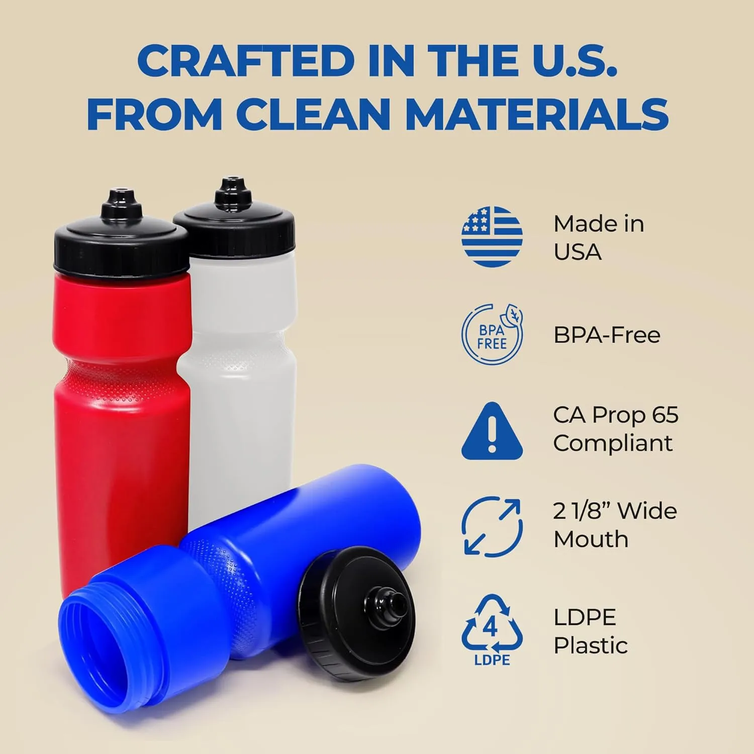 Rolling Sands USA Made 24 oz Sports Squeeze Water Bottles, 8 Pack, BPA-Free, Easy Drink One Way Flow Valve, Fits Most Bike Cages, Dishwasher Safe, Durable, Reusable and Lightweight, Red/Blue
