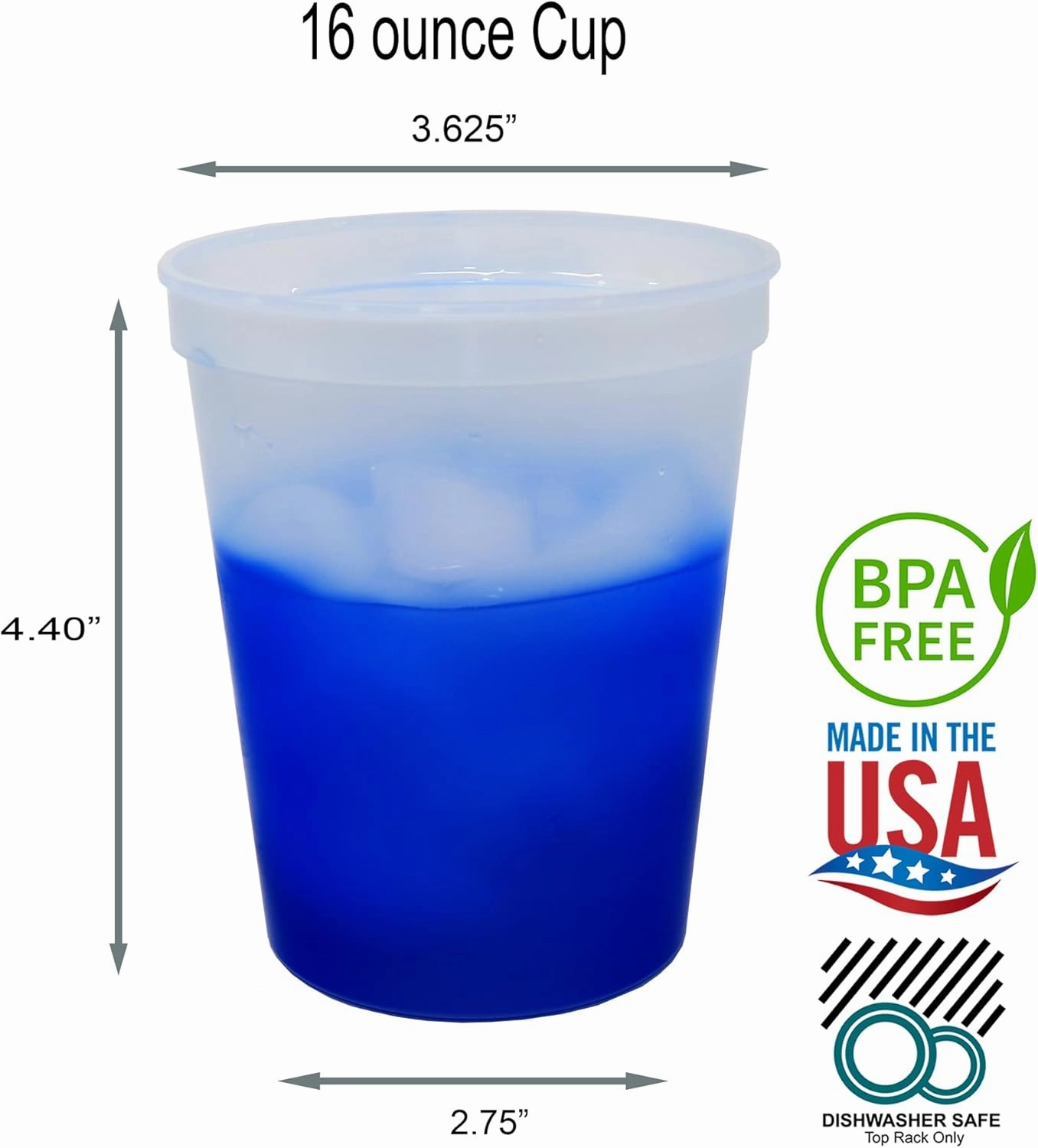 Rolling Sands 16 Oz Reusable Plastic Stadium Cups, Bulk 50 Pk, Made in USA, BPA-Free Dishwasher Safe Color Changing Tumblers, Frost to Blue